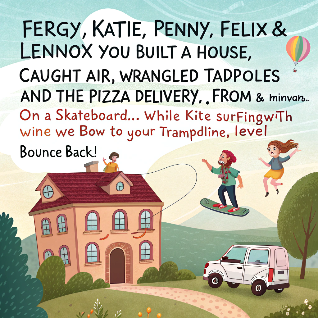 All five of them Building a new house , Kite surfing, Wine, Pizza, Minivan, Skateboard, Tadpoles, and Trampoline Congratulations Card