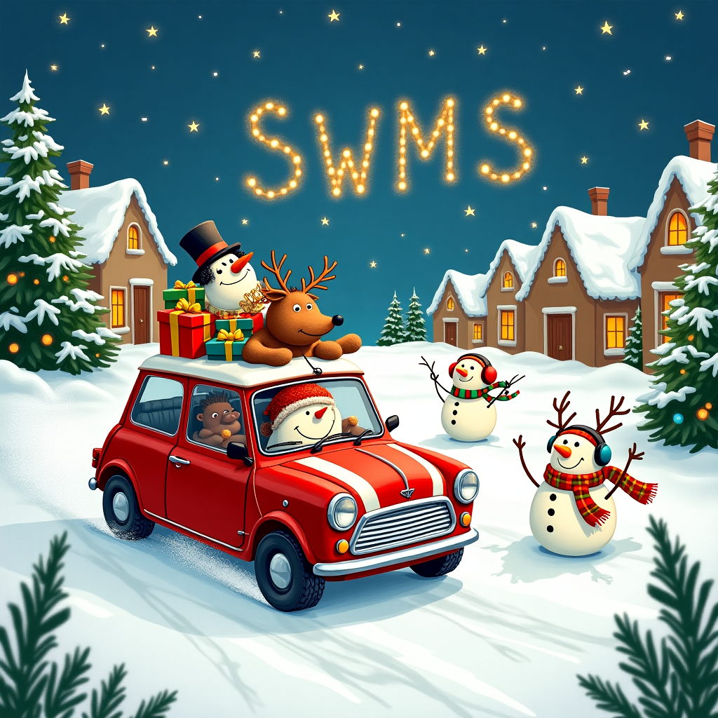 Mini cooper car christmas scene with snow, snowman and reindeer Christmas Card
