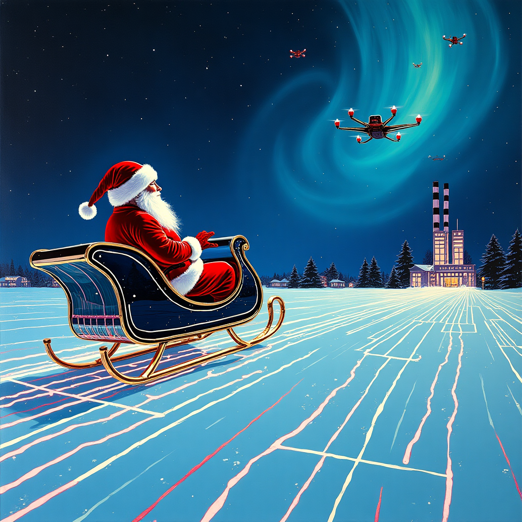 In the abstracted scene set against a backdrop reminiscent of Wassily Kandinsky's cosmic swirls, Santa Claus is reimagined as a futuristic icon, transcending the realms of time and technology. His sleigh, no longer a wooden relic of yesteryear, floats effortlessly in a cascade of ethereal light beams, each line an electric-blue reminiscent of Joan Miró's lively contours. The sleigh's sleek surface gleams like polished chrome, capturing the eye with its geometric precision inspired by Piet Mondrian's color block patterns, where stark rectangles of red and white flash against deep black lines.

Beneath Santa's feet, the snow isn't ordinary; it's an intricate tapestry of pixelated circuits, echoing the controlled chaos of a Jackson Pollock painting, where every drip tells a story of innovation and the blending of worlds. In place of reindeer, drones with propellers shimmering in a spectral array hover silently, their lights forming a constellation across the sky, taking cues from the starry abstractions of Cy Twombly.

In the distance, the silhouette of a cyberpunk North Pole factory, a minimalist structure influenced by Kazimir Malevich’s Suprematism, punctuates the horizon. The factory's facade glows with a subtle Rothko-inspired gradient, where shifting hues of violet and midnight blue hint at the mysteries of Santa's high-tech operations. Overhead, an aurora-like grid of neon circuits dances across the sky, blending de Kooning's bold, expressive strokes with Agnes Martin's precise, contemplative lines.

This avant-garde portrayal of Santa in the future invites viewers into a narrative where tradition meets tomorrow, grounded by the structural integrity of contemporary art influences.
Generated with these themes: Santa, Future, Hi tech, and .
Made with ❤️ by AI.