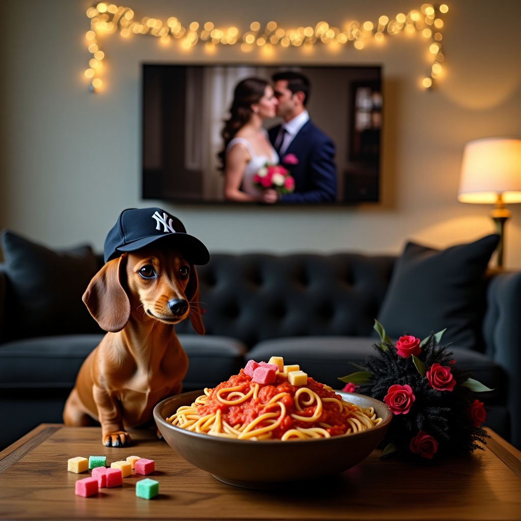 Brown Dachshund, New York Yankees, Large bowl of pasta with red sauce topped with square gummies, Mainly Black with some Red Wedding Bouquet with lilies & other elegant flowers, Hallmark Movies on tv screen, and Indoor elegant living room couch Thank-you Card
