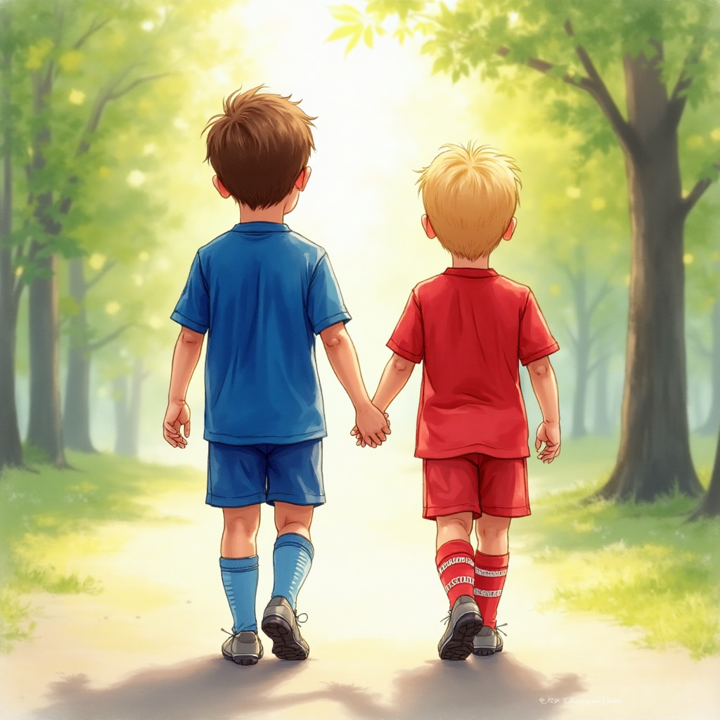 **Prompt for Image:**

In a serene watercolor scene, two young boys are seen from behind, holding hands as they walk through a sun-dappled park. The taller boy, with chestnut brown hair, is wearing a vibrant blue football kit, reminiscent of Everton's colors. Beside him, the shorter boy sports dark blonde hair and an equally striking red football kit, evoking the spirit of Liverpool. Their figures, gently blurred with the softness of watercolor, exude a sense of companionship and togetherness. The delicate gradients of the watercolor style capture the tender sunlight filtering through the trees, creating an ambiance of peacefulness and unity.

**Caption Suggestion:**

"In moments of loss, may friendship guide your heart."
Generated with these themes: .
Made with ❤️ by AI.