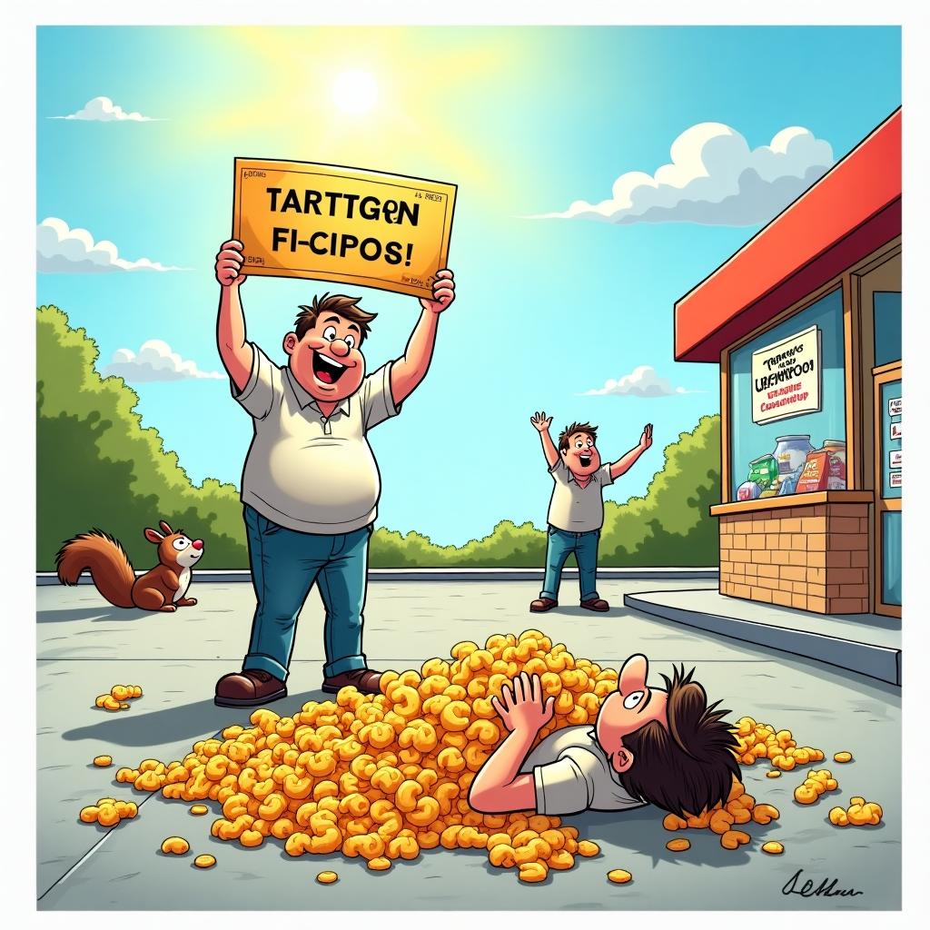 **Prompt for the Image:**

At the top of the cartoon image: *"Sorry Mr Ralph... turns out the real jackpot was the cheese curls all along!"*

**Image Description:**

A bright, whimsical cartoon scene shows a man (Mr Ralph) standing triumphantly in the middle of a convenience store parking lot. He's dramatically holding up a giant winning lottery ticket over his head, with a beam of sunlight shining down on it like divine intervention.

But in the foreground, his best friend (or a bystander) is on the ground, looking mournful, surrounded by an exploded bag of cheese curls that have spilled absolutely everywhere – they're in his hair, stuck to his shirt, and even inside his shoes. One curl dangles pathetically off his ear. His expression is one of cheesy defeat.

In the background, the ticket-winning man doesn't notice the chaos – he’s joyfully yelling to the sky.

Bonus gag: a squirrel is sneaking off with some of the cheese curls, and a nearby shop window has a sign that says: "Today's Jackpot: Cheese Curl Explosion Cleanup!"  

The tone is humorously tragic, mixing glorious celebration with the ridiculous sympathy of losing snacks to fate.
Generated with these themes: Lottery tickets, A man holding a winning lottery ticket, and Cheese curls.
Made with ❤️ by AI.