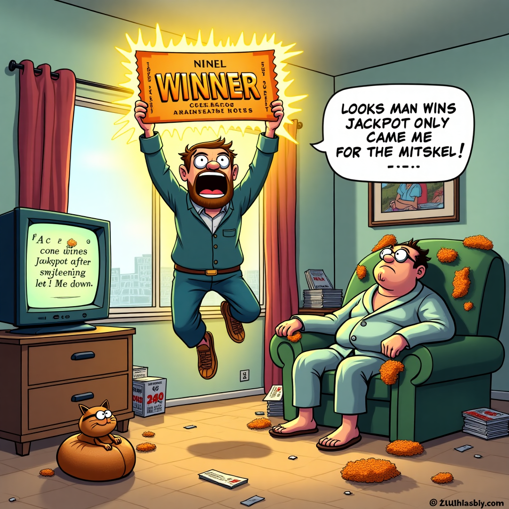 **Image Prompt:**  
At the top of the cartoon image: **"Sorry Mr Ralph... looks like Lady Luck only came for the cheese curls."**

**Visual Description:**  
A brightly colored cartoon scene set inside a cluttered living room. In the center, a jubilant man is mid-jump, eyes bulging with joy, holding a glowing, oversized lottery ticket that clearly reads "WINNER" in big gold letters. Next to him on the couch sits Mr Ralph, a disheveled man in slippers and robe, with a dejected expression. He’s surrounded by empty cheese curl bags and orange powder stains all over his hands and face.

A tiny, smug-looking cat lounges nearby on a beanbag throne made of lottery scratch-offs. The television in the background has a news flash that reads: “Local man wins jackpot after switching to pretzels!”

A speech bubble floats above Mr Ralph saying: “At least the curls never let me down…”

**Mood:** Whimsically gloomy, funny with a side of "so-close-but-so-far" vibes.
Generated with these themes: Lottery tickets, A man holding a winning lottery ticket, and Cheese curls.
Made with ❤️ by AI.