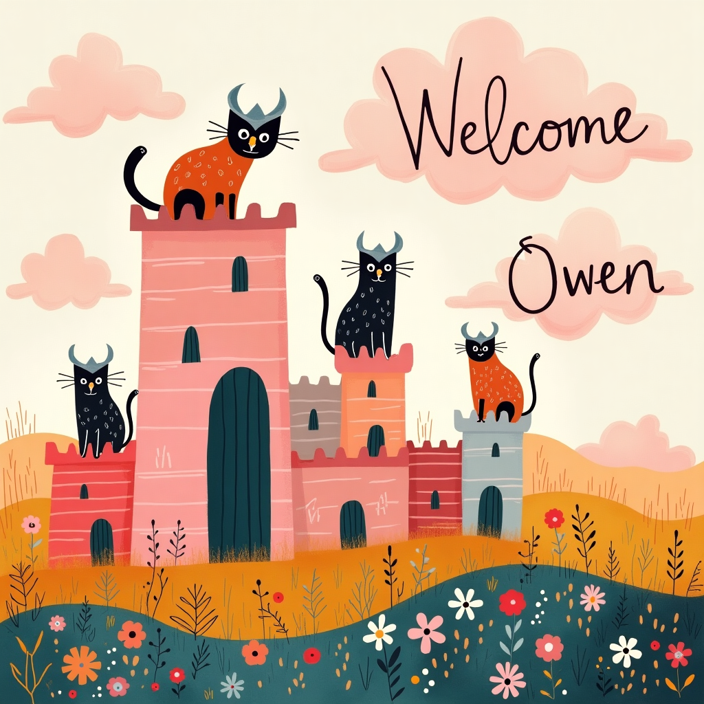 In this vibrant and whimsical new-baby card scene, imagine an enchanting landscape where a pastel sunrise gently bathes a fantastical castle in soft, rosy hues reminiscent of Rothko's layered abstractions. The castle, with its playful, geometric towers, nods to Mondrian's precise lines and grids, yet embraces the freedom of Kandinsky's colorful chaos. Perched atop the castle towers are charming Viking cats, each donning tiny horned helmets, their coats splashed in de Kooning-like strokes of orange, black, and white. These feline Norsemen proudly stand guard, their eyes twinkling with curiosity and mischief. In the foreground, a Miro-inspired meadow bursts forth, speckled with swirls and dots in bright primary colors, suggesting fields of wildflowers dancing in the breeze. The sky above, a swirling canvas of Pollock's expressive drips and dashes, forms the backdrop, where fluffy, cotton candy clouds have gathered to spell out "Welcome Owen" in gentle cursive, each letter a soft gradient of sunrise shades. The entire scene blends the whimsy of Cy Twombly's scribbles with Richter's ethereal mist, making it a joyous celebration of life and new beginnings, capturing the eye and imagination with its playful, unexpected details.
Generated with these themes: Castle, Sunrise, Cats, and Viking.
Made with ❤️ by AI.