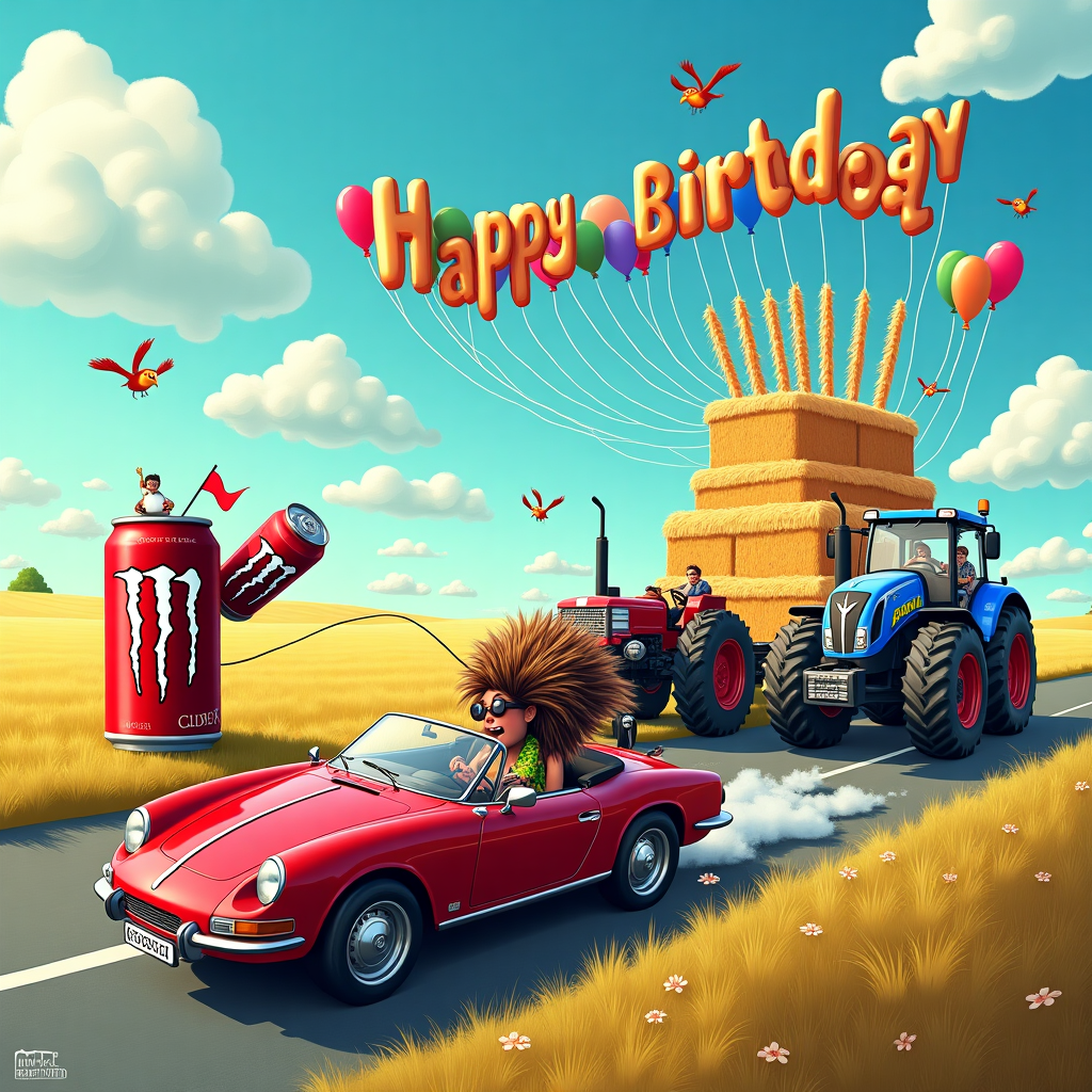 The scene is set on a vibrant countryside road, alive with unexpected antics. In the foreground, a slick, cherry-red sports car zooms forward, its driver sporting an audacious mullet that flutters behind like a flag in the wind. The mullet is humorously oversized, exaggerated to resemble the flowing mane of a rock star, accentuating the wild, carefree spirit of the driver. Hanging out of the window is a can of Monster energy drink, held triumphantly, its logo gleaming in the sunlight, and leaving a trail of neon green energy vapor in its wake.

Beside the road, a giant Strongbow cider can is comically positioned as a roadside stand, with its lid flipped open to reveal a cozy spot where tiny, whimsical characters are cheering and waving tiny flags. These characters appear to be hosting a miniature celebration inside the can, complete with bunting and a minuscule sound system blasting party tunes. 

In the distance, a robust, blue tractor chugs along a field, but this is no ordinary tractor—it’s adorned with racing stripes and sleek chrome details, as if it’s gearing up for a high-speed chase. The tractor is hauling a trailer filled with towering hay bales stacked in the shape of a birthday cake, complete with oversized candles made from glistening, golden straws of wheat.

In the sky above, cartoonish clouds form the shape of a birthday hat, adding a whimsical touch to the entire scene. Scattered throughout the sky are little birds with exaggerated features, each holding onto a string of colorful balloons that spell out “HAPPY BIRTHDAY” in bold, eye-catching letters.

The scene is a delightful mix of speed, style, and countryside charm, blending the elements into a playful, lively birthday celebration on wheels.
Generated with these themes: Fast cars, Mullet , Monster energy drink, Strongbow cider, and Tractors.
Made with ❤️ by AI.