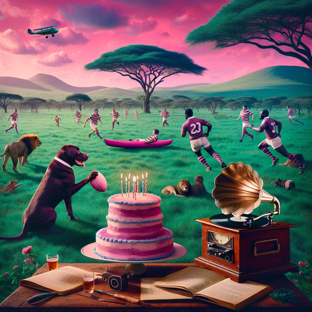 A dreamlike birthday celebration takes place within the vibrant green landscapes of a South African savanna. A rugby match unfolds under a magenta-hued sky, with the distinctive twist that the ball is peculiarly shaped like a birthday cake. The ambient air is filled with the sound of vintage folk music emanating from an old-fashioned record player, blending beautifully with distantly resounding lion roars. A dog, decorated with a captain's armband, directs the game from the periphery, intermittently chasing a mysteriously floating and seemingly rogue kayak that hovers a few inches off the ground. Surrounding spectators cheer and revel in this splendidly surreal birthday festivity.
Generated with these themes: Rugby, Kris kristofferson, dog, kayak, birthday, south africa.
Made with ❤️ by AI.