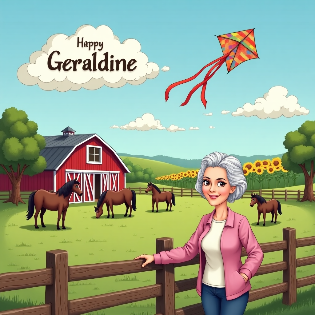 In the foreground of this birthday card's scene, a graceful 75-year-old woman named Geraldine stands near the rustic wooden fence of a tranquil horse paddock. Her short, silver hair glimmers in the sunlight, and her warm brown eyes reflect the deep connection she shares with her beloved horses. Behind her, a classic red barn, with weathered white trim, complements the natural beauty of the setting. The paddock is filled with a small herd of horses, each grazing peacefully on the lush, emerald grass. The paddock is encircled by gently rolling hills, dotted with clusters of oak and maple trees, their leaves whispering in the soft breeze. Above this serene landscape, the sky is a brilliant blue, with a few fluffy clouds lazily drifting by. Magically, one of these clouds is shaped into the name "Geraldine," casting a soft shadow over the pasture below. In the distance, a line of tall sunflowers stands sentry, their vibrant yellow faces following the arc of the sun. To add a whimsical touch, a multicolored kite, shaped like a prancing horse, dances joyfully in the sky, trailing a long ribbon that spells out "Happy Birthday" in cheerful, swirling letters. This harmonious blend of elements captures the essence of a serene pastoral celebration dedicated to Geraldine.
Generated with these themes: A pastoral image of a horse paddock and barn with horses grazing, A lady of 75 years of age with short silver hair and brown eyes is watching her horse, The paddock is surrounded by rolling hills and trees, and The sun is shining.
Made with ❤️ by AI.