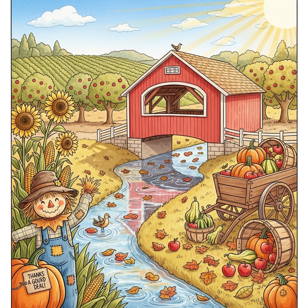Autumn, covered bridge, stream, fall leaves, pumpkins, vineyard, apples, apple trees, sunflowers, gourds, blue sky, sun, corn stalks, scarecrow, and Thank-you Card