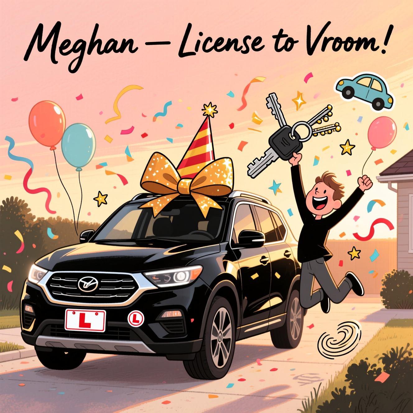 At the top of the Illustration Style image, hand-letter the single line: “Meghan — Licence to Vroom!”

Hand-drawn, humorous celebration scene in a warm, expressive color palette with fine linework and textured brush strokes. Portrait, full-bleed, balanced composition. Center stage: a sleek, shiny black SUV (new black car) at a three-quarter angle, wearing a goofy oversized party hat and a giant gift bow on the hood. Next to it, a cheerful character (no specific likeness) mid-jump, triumphantly holding up a big jangling set of car keys; sparkling highlights glint on the key metal. Confetti, streamers, and star doodles explode around them. A red-and-white learner “L” plate pops off the bumper like a sprung sticker, cartoonishly spinning through the air to hint at passing the driving licence—no extra text needed on props. Warm sunset light (peach and gold) reflects off the glossy black paint; soft watercolor washes and paper grain for texture. Keep the background simple: hints of driveway and shrub silhouettes for depth, with playful celebratory balloons (one subtly car-shaped) floating near the roofline. Ensure the single caption at the top is bold, energetic, and clearly legible with a light outline; include no other text.
Generated with these themes: New car , Black car , Passed driving liscence , Black suv , Car keys , Celebrate , and .
Made with ❤️ by AI.
