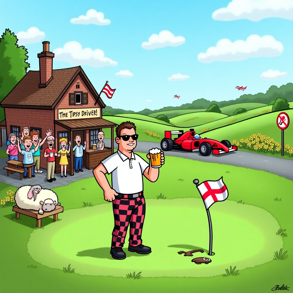 **Prompt:**

At the top of the cartoon image, *"Fore beers and flag-waving glory – You’ve cracked it, Andy!"*

Cartoon-style scene set in the rolling green English countryside under a bright sunny sky. In the foreground, Andy (cartoon man with wild golf attire – checkered trousers, sunglasses, a beer in one hand and a golf club in the other) stands proudly next to a crooked golf flag on the green that’s oddly shaped like the English flag. Behind him, a cheerful traditional English pub called “The Tipsy Driver” overflows with animated, cheering patrons waving more English flags and holding pint glasses aloft. One sheep lounges near a picnic bench sipping from a spilled beer glass. Zooming in the distant background is a gleaming red Formula 1 car kicking up daffodils as it speeds across the hills behind a "NO RACING" sign. Everyone (even the sheep) is clearly celebrating Andy’s awesome achievement in full British summer glory.
Generated with these themes: Playing golf, Drinking beer, English landscape, English Pub, Sunny weather, Waving an English flag, and Formula 1 car in the background.
Made with ❤️ by AI.