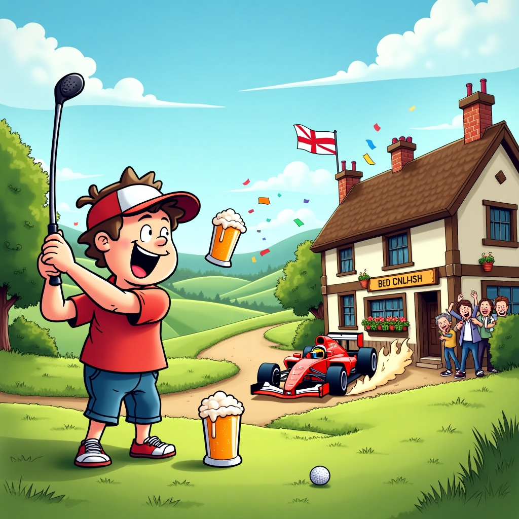 **Prompt:**  
*At the top of the cartoon image, "Fore Beers and Fast Cheers to Champion Andy!"*

Create a cartoon-style image set in the rolling green hills of the English countryside on a bright sunny day. In the foreground, Andy is swinging a golf club with wild enthusiasm, accidentally launching a golf ball straight into a frothy pint of beer held by a surprised mate next to him. They're both standing just outside a charming, crooked English pub with hanging flower baskets and a crooked wooden sign. Outside the pub, a group of animated characters cheer him on, one of them proudly waving an English flag in celebration. Behind them, absurdly out of place but hilarious, a full-size Formula 1 car zooms by in the background, kicking up a trail of dust, with a squirrel in the driver’s seat wearing racing goggles. Add confetti, exaggerated facial expressions, and pint glasses raised high in victory. The whole scene bursts with fun, energy, and cheeky congratulatory chaos.
Generated with these themes: Playing golf, Drinking beer, English landscape, English Pub, Sunny weather, Waving an English flag, and Formula 1 car in the background.
Made with ❤️ by AI.