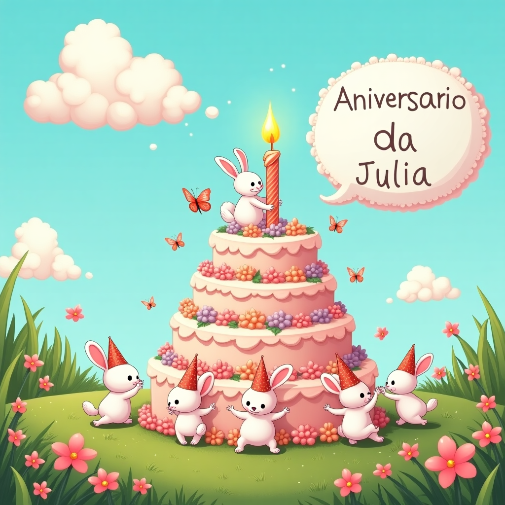 Butterflies, Bunnies, Cake, and Place a conversation balloon next to the cake so I can write a custom message. Make it big enough. Birthday Card