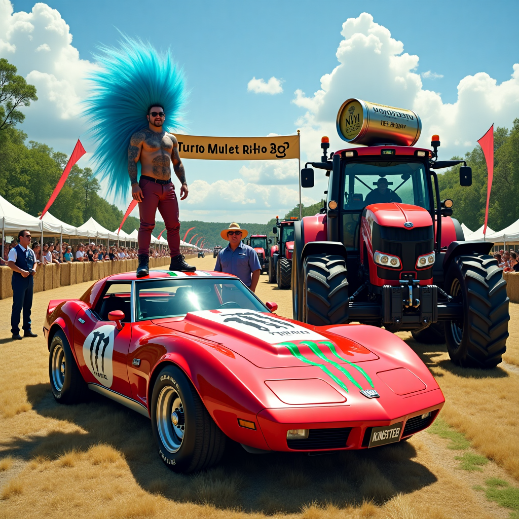The scene is set in a lively countryside racing festival, brimming with a fusion of unexpected elements that harmonize in comedic chaos. In the foreground, a flamboyant figure with a voluminous mullet—a riot of cascading curls in electric blue—stands triumphantly atop a sleek, vibrant red sports car. The car's hood is covered in eye-catching decals of Monster Energy drinks, their neon green claw marks contrasting sharply with the shiny paint. Parked right beside it, a massive tractor looms with an oversized Strongbow cider can affixed to its roof, like a makeshift air horn, hinting at a homemade engineering marvel.

In the mid-ground, two more characters are central to this scene. One is a farmer, casually leaning against his tractor with a cheeky grin, his straw hat slanted jauntily. The other is a racing enthusiast in a jumpsuit, balancing a Monster Energy drink in one hand and a bottle of Strongbow cider in the other, as if caught mid-debate about which is superior for a pit stop refreshment.

In the background, rows of other quirky vehicles form an impromptu racetrack, including a line of tractors modified with improbably large spoilers and painted in vivid racing colors. A banner arches over them reading “Turbo Mullet Rally 2023” in bold, quirky lettering. The sky is a clear blue with a few fluffy clouds, and spectators, a mix of farmers and racing fans, watch eagerly from behind a fence made of hay bales.

Every detail, from the tire treads dusting the ground with an artful spray of dirt to the festive bunting in the trees, sets the stage for a zany birthday celebration that feels like a high-octane homage to rural innovation and the audacity of speed enthusiasts everywhere.
Generated with these themes: Fast cars, Mullet , Monster energy drink, Strongbow cider, and Tractors.
Made with ❤️ by AI.