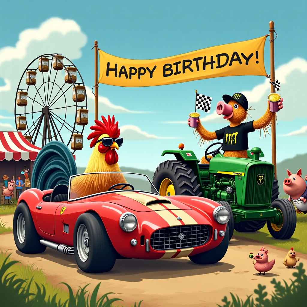In a whimsical rural setting, the scene unfolds on a bright sunny day at the local county fairgrounds, where the thrill of speed meets rustic charm in the most unexpected ways. Front and center is a vibrant red Ferrari, modified with a gigantic set of tractor tires, parked just next to a vintage John Deere tractor that looks like it's been to the races and back, complete with its gleaming Monster Energy decals splashed across the hood. In the driver's seat of the Ferrari sits a rooster with a magnificent mullet, feathers styled to perfection, wearing a pair of oversized aviator sunglasses. Perched on the tractor, a scarecrow fashioned entirely from empty Strongbow cider cans raises a cider can in a toast, celebrating the eccentricity of the moment. Scattered around, a group of cartoonish farm animals, including a pig wearing a Monster Energy cap and a chicken with a tiny Fast & Furious T-shirt, watch in awe, holding up miniature checkered flags. Behind them, the fair's Ferris wheel turns slowly, adding a touch of nostalgia and whimsy to the backdrop. A banner overhead reads "Happy Birthday! Let's Make This Day Unforgettable!" in bright, bold letters. This scene captures a delightful clash of high-speed dreams and country life, creating an unforgettable birthday card image.
Generated with these themes: Fast cars, Mullet , Monster energy drink, Strongbow cider, and Tractors.
Made with ❤️ by AI.