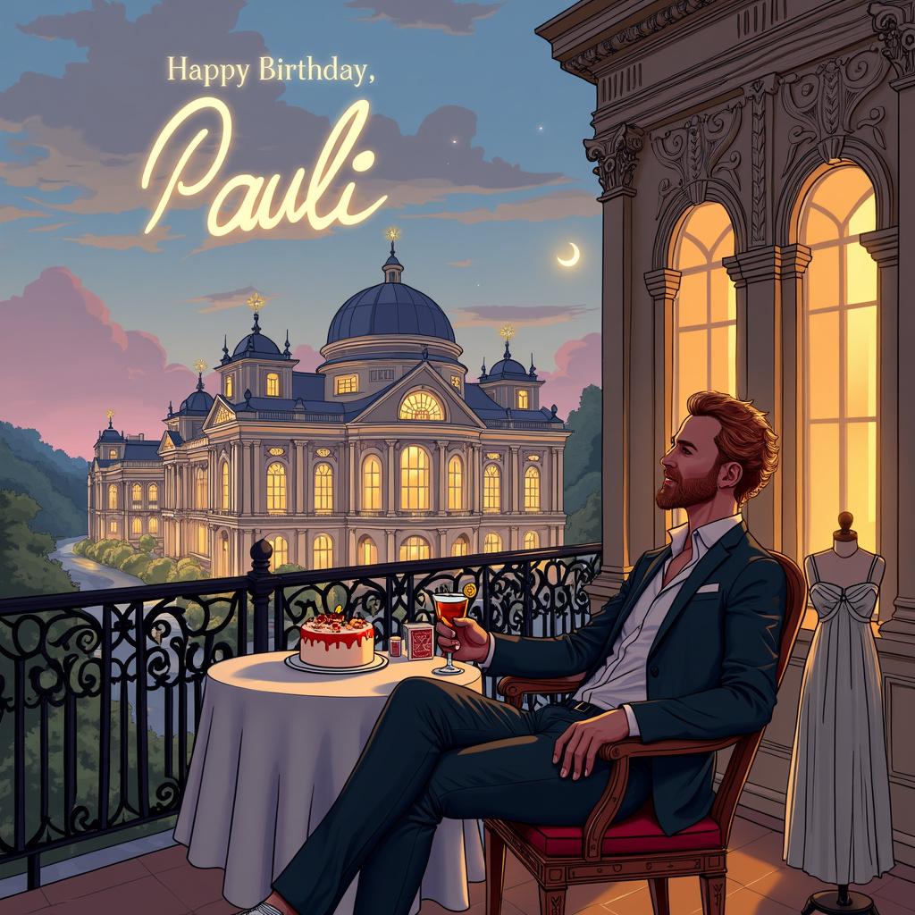 The scene unfolds against the majestic Vienna Opera House, its Baroque elegance highlighted by intricate carvings and tall arched windows that radiate warmth in the fading light of twilight. The sky, a breathtaking canvas of lavender and deep blue, is whimsically adorned with fluffy clouds eloquently spelling out "Happy Birthday Pauli." In the foreground, a wrought-iron balcony, embellished with ornate designs reminiscent of Aubrey Beardsley's artwork, provides an elevated view of this enchanting celebration. 

Seated comfortably on a plush velvet cushion of an antique wooden chair, a slender strawberry blond man sporting a curly short mullet and designer stubble faces the viewer with a relaxed smile and gleaming eyes full of contentment. He is stylishly attired in high-waisted pleated trousers and a dark grey band shirt that perfectly complement his rugged charm. In his hand, he holds a vibrant Campari drink, garnished with an orange slice and a sprig of mint, its shimmering liquid catching the light beautifully. 

In front of him, a small round table showcases a delicately adorned birthday cake, embellished with sugar flowers and the name 'Pauli' written in elegant icing. Next to the cake rests a vintage-style birthday card illustrated with whimsical drawings reminiscent of Quentin Blake's artistry. To the side, a tailor's dummy is draped with a silky dress that catches the light, radiating an ethereal glow and evoking a fairy-tale charm akin to characters crafted by Beatrix Potter. The balcony is further dressed in festive decorations, including streamers and pastel-colored balloons, some of which feature illustrations of musical notes and operatic masks, harmonizing perfectly with the opera house's thematic backdrop. Scattered potted plants, lush with green leaves, add a refreshing touch of nature, reminiscent of the detailed illustrations found in Maurice Sendak's books.

This lively and joyous celebration, drenched in artistic flair and warmth, captures the essence of a special birthday gathering. 

Generated with these themes: A masculine slender strawberry blond man with a curly short mullet, dressed in high-waisted pleated trousers and a dark grey band shirt, sitting on a balcony with the Vienna Opera in the background, sipping a Campari drink and smiling, alongside a tailor's dummy wearing a silky dress. Made with ❤️ by AI.