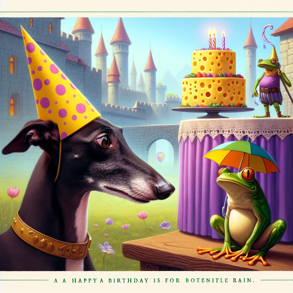 A whimsical birthday-themed illustration featuring a charming frog dressed with a small vibrant umbrella hinting at potential rain, set in a realm resembling a fantasy medieval city. In the foreground, a slender black Italian greyhound, donned with a festive party hat, is eyeing a cheese-topped birthday cake with a combination of desire and worry, playfully hinting at its intolerance to dairy. The scene balances elements of fantasy with light-hearted humor.
Generated with these themes: Frog with umbrella , Baldurs gate, Lactose intolerant , and Black Italian greyhound .
Made with ❤️ by AI.