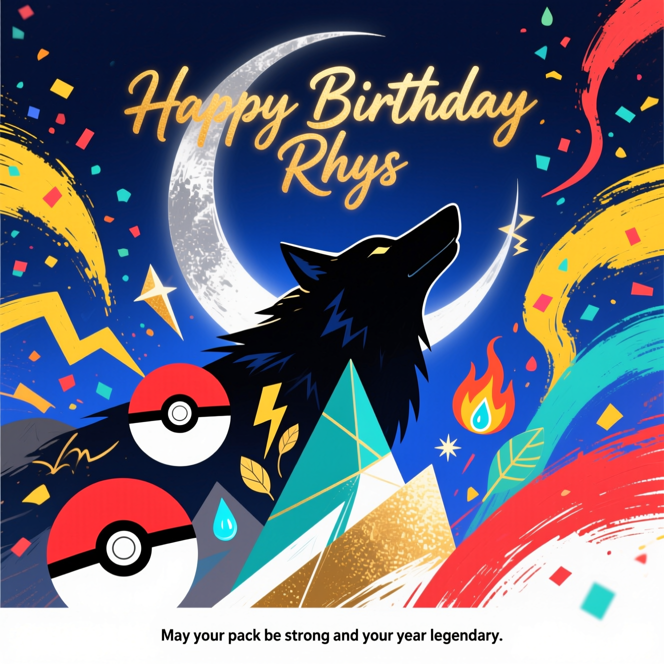 At the top of the Abstract Style image, "Happy Birthday Rhys" in warm, elegant hand-lettered script with a soft gold-foil sheen and gentle glow.

Bold abstract composition bursting with geometric shards and fluid curves, high-contrast colors, and dynamic brush-stroke textures. Vertical portrait orientation. A deep midnight-blue to indigo background carries a silvery crescent arc that, through negative space, suggests a noble wolf lifting its head to the sky; subtle pack forms appear below as layered triangular facets. Threaded through the scene are Pokemon-inspired elements rendered abstractly: Poké Ball–like concentric red/white/black circles, lightning-bolt swashes, fire and water droplet glyphs, and leaf curves, plus tiny star-spark sparks—stylized icons rather than literal characters. Color palette: midnight blue, cobalt, and charcoal with crisp hits of canary yellow, scarlet, teal, and clean white, accented with soft metallic gold highlights. Energetic S-curves and confetti-like shapes drift upward like a gentle celebration, while painterly impasto strokes add tactile depth balanced by crisp vector edges. Soft halos illuminate the wolf silhouette and the headline text for a sincere, uplifting mood, with breathing space kept around the typography.

Place a small caption at the bottom in understated sans-serif type: "May your pack be strong and your year legendary."
Generated with these themes: Wolves, pokemon,, and .
Made with ❤️ by AI.