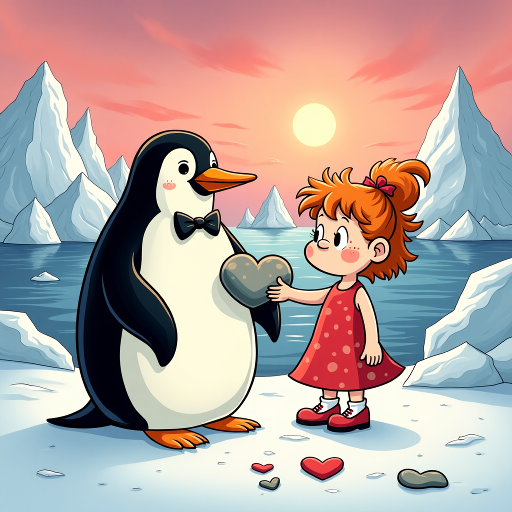 In the foreground of this vibrant Valentine's Day scene, a plump, whimsical penguin with an exaggeratedly round belly and flippers stands proudly. It sports a small bow tie, adding a touch of dapper charm. Its glossy black and white feathers are depicted with bold, clean lines, reminiscent of Hergé's Tintin style. The penguin's large eyes sparkle with detail akin to the classic Disney animation style, giving it an animated, lively appearance.

Clutched in its wing is a perfectly smooth pebble, glistening with a polished sheen. The pebble is a soft gray, speckled with hints of blue, reflecting the cool hues of the Antarctic environment. The pebble's size is comically oversized compared to the penguin, drawing on Bill Watterson's style of exaggeration.

Beside the penguin stands a ginger-haired girl with a cartoonishly round face, her cheeks adorned with a smattering of freckles. Her hair is depicted in a wild, flame-like fashion, each strand carefully drawn to capture a sense of vibrant energy, taking a nod from Osamu Tezuka’s manga influence. She wears a bright red dress with polka dots that echo a playful sense from Gary Larson's cartoons, and her oversized, brightly colored shoes are reminiscent of the whimsical fashion seen in Schulz's Peanuts.

The background sets the scene in a fantastical icy landscape, blending elements from Walt Disney’s classic, magical settings. Icebergs and snow-capped peaks rise in the distance, with their sharp angles softened by a layer of cartoonish snow, giving the scene a cozy feel. The sky above is a playful swirl of pastel pinks and blues, evoking a dreamy sunset that stretches across the card, reminiscent of Winsor McCay’s Little Nemo dreamscapes.

Scattered across the snowy ground are heart-shaped footprints, leading from the penguin to the girl, crafted with the meticulous detail of R. Crumb's underground comix, adding a layer of quirkiness and surprise. Small heart-shaped puffs of steam rise from the penguin's breath into the chilly air, crafted in a simple yet effective style akin to Charles Schulz's whimsical Peanuts world.

This composition is framed with an ornate border, reminiscent of vintage graphic novels by Will Eisner, incorporating delicate swirls and hearts to accentuate the Valentine's theme without overpowering the central characters. This scene captures the playful whimsy and delightful charm of the classic cartoon and comic styles, with a unique and quirky twist.
Generated with these themes: Penguin with pebble, and Ginger girl.
Made with ❤️ by AI.