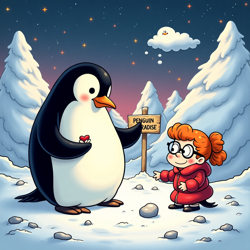 Penguin with pebble, and Ginger girl Valentines-day Card