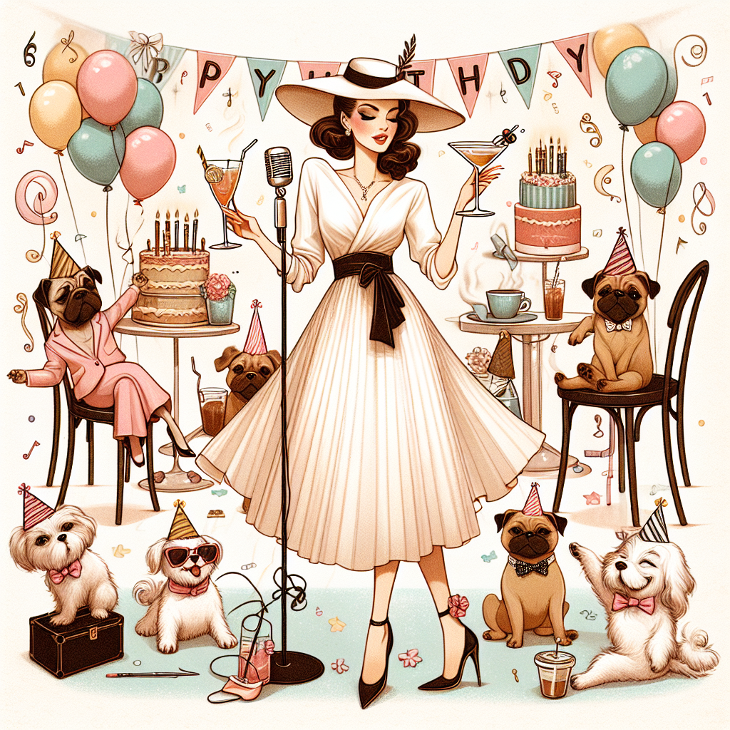 The illustration portrays a whimsical birthday scene filled with charm. A stylish female singer stands in the center, donned in an eloquently chic outfit that reminds one of a classic romantic comedy film. In one hand, she gracefully holds a celebratory cocktail, while her other hand subtly balances a coffee cup, exuding an air of casual elegance. Around her feet, cheerful dogs frolic, each wearing festive party hats, adding a touch of whimsy to the joyful atmosphere. The backdrop is decorated with jubilant birthday decorations that harmonize with the overall adorable aesthetic of the illustration.
Generated with these themes: Taylor swift, Cocktails, Coffee, Hats, Dogs, and Pretty woman.
Made with ❤️ by AI.