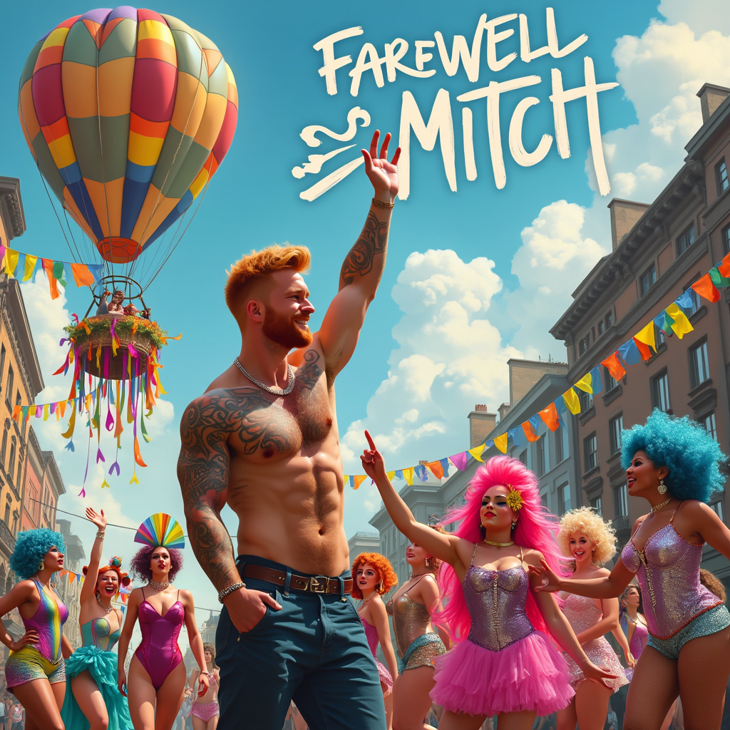 In the foreground of the scene, picture a bustling city square filled with vibrant, energetic figures. Central to this gathering is a muscular man with ginger stubble, proudly showing off a tattoo sleeve that depicts a phoenix rising from flames. He stands confidently, with one arm raised high, waving goodbye.

Around him, a troupe of drag queens is putting on an exuberant performance. They are decked out in flamboyant, glittering costumes of all colors, but notably, each of them has incorporated the colors of the Pride rainbow flag into their outfits in some way. Some have rainbow feather boas, others have shimmering sequin dresses, and one has a magnificent headpiece with cascading rainbow ribbons.

To the left, a large, colorful hot air balloon is tethered to the ground, ready to lift off. The balloon itself is a patchwork of rainbow fabric panels, and the basket is decorated with bright, cheerful bunting that spells out "FAREWELL MITCH" in bold, playful letters.

In the background, the city skyline is dotted with rainbow flags fluttering from windows and balconies, adding to the festive atmosphere. Above the scene, the sky is a brilliant blue with fluffy white clouds, and if you look closely, you can see that the clouds have formed the word "Mitch" in a whimsical, cursive script.

The overall composition of the scene is a lively and celebratory farewell, with each element tied together through the themes of pride, diversity, and the unique character of the people gathered to wish Mitch goodbye.
Generated with these themes: Ginger stubble tattoo man, Pride rainbow flag, and Drag queens.
Made with ❤️ by AI.