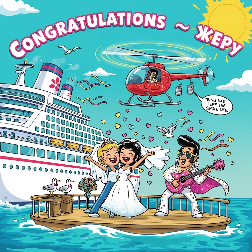 At the top of the Cartoon Style image, add the text "Congratulations 🥳 🥳🥳" in big bubbly white letters with a hot-pink outline, arched across a sunny sky.

Playful, bright, funny cartoon scene on the open sea: a gigantic white Cruise ship with candy colors and chunky, thick outlines sails across turquoise water. On the sunlit deck, two exuberant newlyweds (oversized smiles, lively poses, exaggerated proportions) do a dramatic dip-and-twirl. Beside them, a glittery Cartoon Elvis officiant in a rhinestone jumpsuit, cape fluttering, pompadour and oversized sunglasses, strikes a hip-shaking pose while strumming a sparkly heart-shaped guitar. Overhead, a cheerful red Helicopter with chunky skids hovers, its rotor wash puffing out heart-shaped confetti that swirls around the couple like a glowing frame. Tin cans dangle comically from the helicopter skids, streamers flutter, and seagulls in tiny bow ties cheer them on. Bold, saturated palette (turquoise, hot pink, sunshine yellow, electric blue), thick black outlines, and bouncy motion lines amplify the energy and humor.

Add one extra cheeky line of text as a small trailing banner from the Helicopter: “Elvis has left the single life!”
Generated with these themes: Elvis, Cruise, Helicopter , and .
Made with ❤️ by AI.
