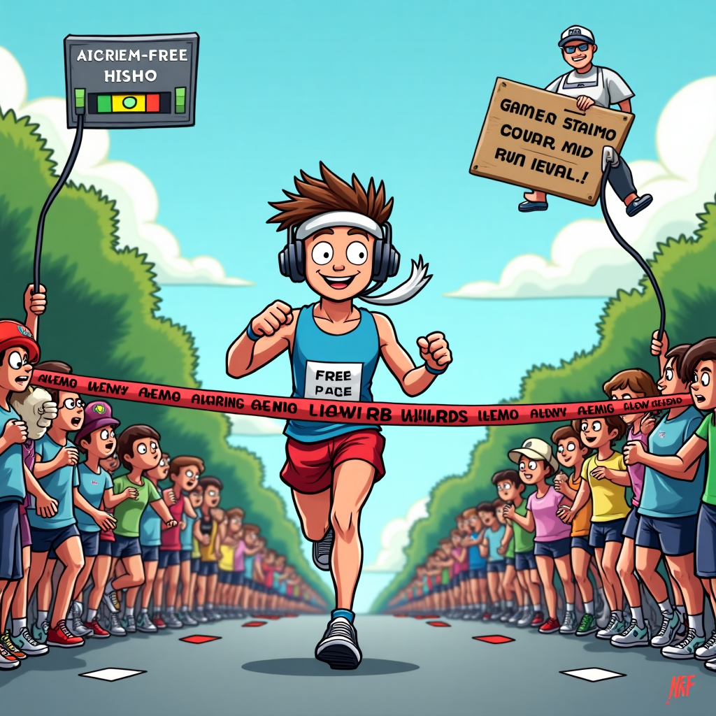 At the top of the cartoon image, *Level-Up, Aidan: You Ran, You Revived, You Respawned!*

Cartoon image prompt:  
Aidan is dressed in a sweatband and gamer headset, dashing heroically across a marathon finish line — but instead of water cups, pixelated medkits are being handed out by cheering game characters (like pixelated medics and a mushroom power-up on the sidelines). Behind Aidan, other exhausted marathon runners are dramatically crawling with "low health" bars over their heads, while Aidan has a full glowing green bar and a "Gamer Stamina Boost Activated" message hovering above him. The finish line tape is made of game controller cords, and a floating HUD in the sky displays "ACHIEVEMENT UNLOCKED: Run IRL!" A grumpy NPC referee is holding a sign: "Speed-runner spotted!"  
Colorful, playful, chaotic — and unmistakably funny.
Generated with these themes: Marathon, Good luck, Gaming, and Medkit.
Made with ❤️ by AI.