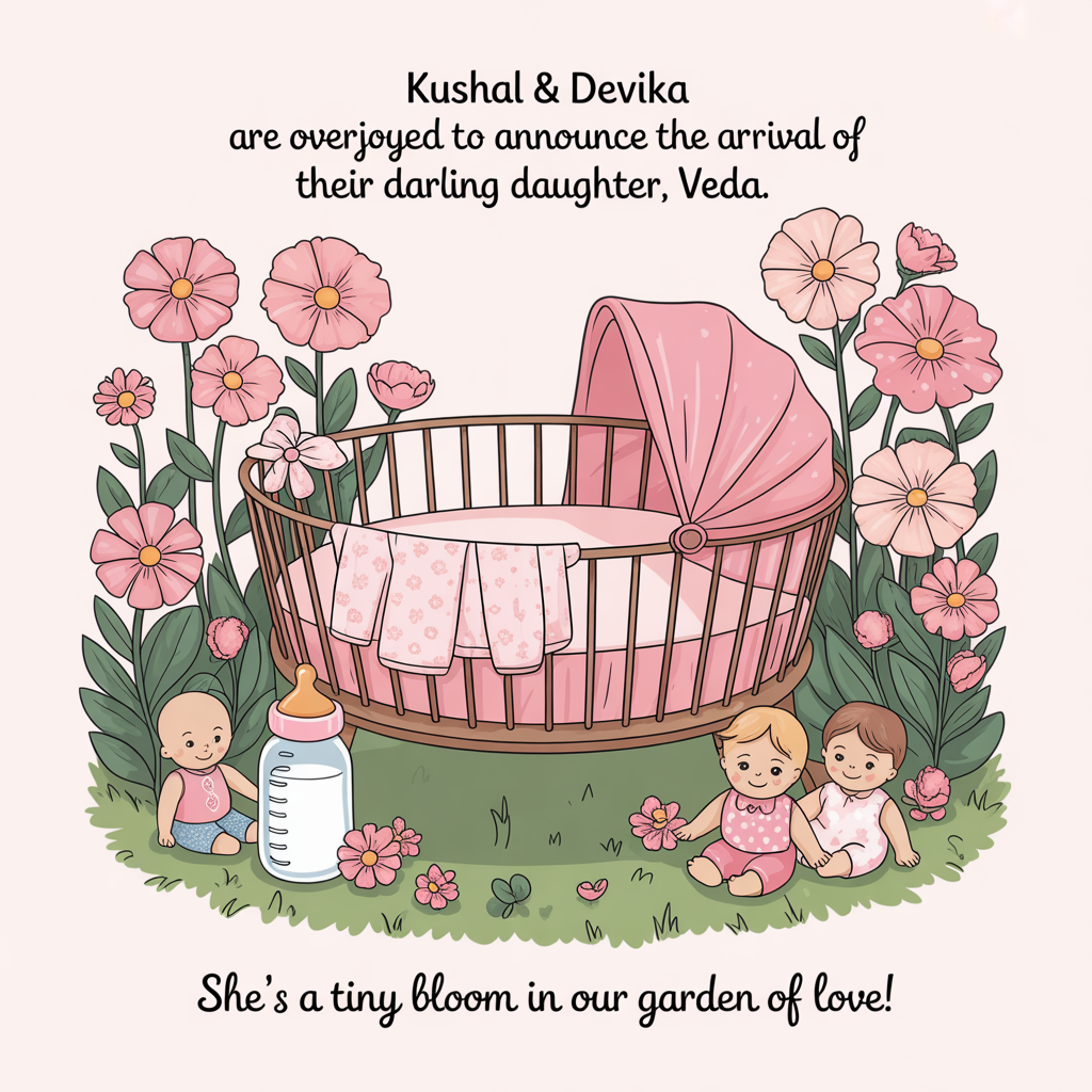 At the top of the image, "Kushal & Devika are overjoyed to announce the arrival of their darling daughter, Veda."

At the bottom of the image, "She's a tiny bloom in our garden of love!"

- Illustrate a charming scene with a baby cot nestled amidst a garden of pink and pastel flowers. A cute milk bottle rests beside the cot, and delicate baby clothes are draped over the cot's edge. Adorable dolls sit around, as if welcoming the newest little flower into the world.
Generated with these themes: Colours, Baby cot, Pink, Flowers, Milk bottle, Baby clothes, Dolls, and .
Made with ❤️ by AI.