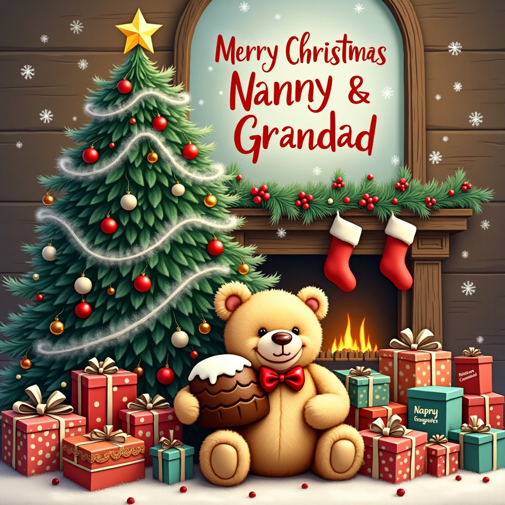 Teddy bear holding Christmas pudding with a smiley face sat by a Christmas tree. Include text "Merry Christmas Nanny & Grandad" Christmas Card