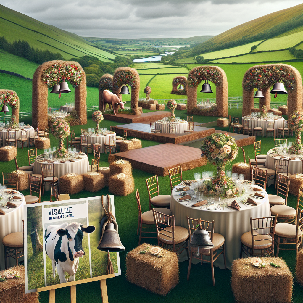Visualize a wedding venue inspired by the rustic charm of a farm, where sentiments of love harmoniously blend with the innocence of bovines. Newly harvested hay bales, transformed into stylish seating arrangements, encircle a dance floor with the picturesque background of undulating verdant pastures. Customized cowbell placeholders tinkle subtly in the wind, directing guests to their assigned seating. The core of each table features a hand-crafted figure of a cow, resting amid a cluster of unfettered wildflowers, adding a touch of authenticity to this storybook setting. The bridal party incorporates cow-themed details in their attire, cleverly infusing sophistication into this charming homage to rural life.
Generated with these themes: Cows.
Made with ❤️ by AI.