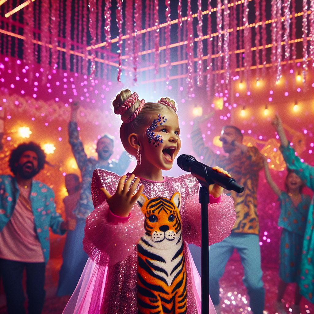 Envision a delightful birthday celebration imbued with Eurovision vibes. At the heart of the festivities is a vibrant 6-year-old Caucasian girl, with her hair neatly arranged in adorable buns, adorned in a tiger-themed ensemble that epitomizes endearing fierceness. She is passionately showcasing her singing skills, giving a performance that mirrors a budding Eurovision prodigy. The room is aglow with vibrant pink glitter sprinkled on the walls and ceiling, casting a dreamy luminescence on the swaying attendees. With the entire space dotted with pink glittery ornaments, the atmosphere beautifully blends high-energy Eurovision enthusiasm with the innocence of childhood. Cellphones are out, documenting the irresistible TikTok dances that have become popular among the exuberant gathering.
Generated with these themes: Eurovision , Dancing, A 6 year old girl in tiger print and her hair in a bunsinging , Pink glitter, and Tiktok.
Made with ❤️ by AI.