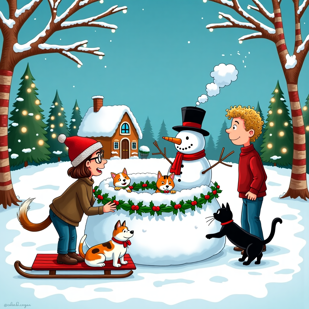On the front of the Christmas card, a charming winter wonderland unfolds with a playful nod to your shared life. Imagine a snowy landscape, dotted with candy-cane-striped trees, each tree whimsically wrapped in twinkling fairy lights reminiscent of Charles Schulz's quaint, joyful style. In the center of this scene, you and your boyfriend are engaged in a light-hearted snowball fight. You, with your brown hair and glasses, are crouched behind a snow fort adorned with a garland of holly, wearing a knitted hat that has a pom-pom bouncing cheerfully atop it. Across from you, your boyfriend stands taller, his blonde curly hair peeking out from under a Santa hat, laughter evident on his face as he prepares to throw a snowball.

To the side, your husky, with its striking ice-blue eyes, joyfully bounds through the snow, leaving a trail of paw prints behind. The dog's tongue lolls out, its fur a stark contrast against the pristine white snow. Nearby, your two female cats are perched on a sled at the foot of the snow fort, their expressions a blend of curiosity and disdain in true cat fashion. One cat, with a calico pattern, playfully paws at a flake of snow, while the other, with sleek black fur, sits regally, a tiny red bow around its neck.

Above, a jolly snowman sporting a top hat and a carrot nose watches over the fun, with a scarf matching your boyfriend's curly hair color. The sky above is a vibrant, azure blue, with cartoonish, fluffy clouds drifting by. Here and there, a few mischievous snowflakes appear to dance, inspired by Gary Larson's knack for adding character to even the most ordinary of elements. In the background, a quaint, gingerbread-style house peeks through the trees, complete with a chimney puffing out a swirl of smoke shaped like a Christmas tree. 

This is a scene that tells your unique story through the magic of Christmas, captured in a style that blends the humor and warmth of legendary artists.
Generated with these themes: christmas cover funny with me brown hair and glasses, my boyfried blonde and curly hair and taller than me, our husky and two female cats.
Made with ❤️ by AI.