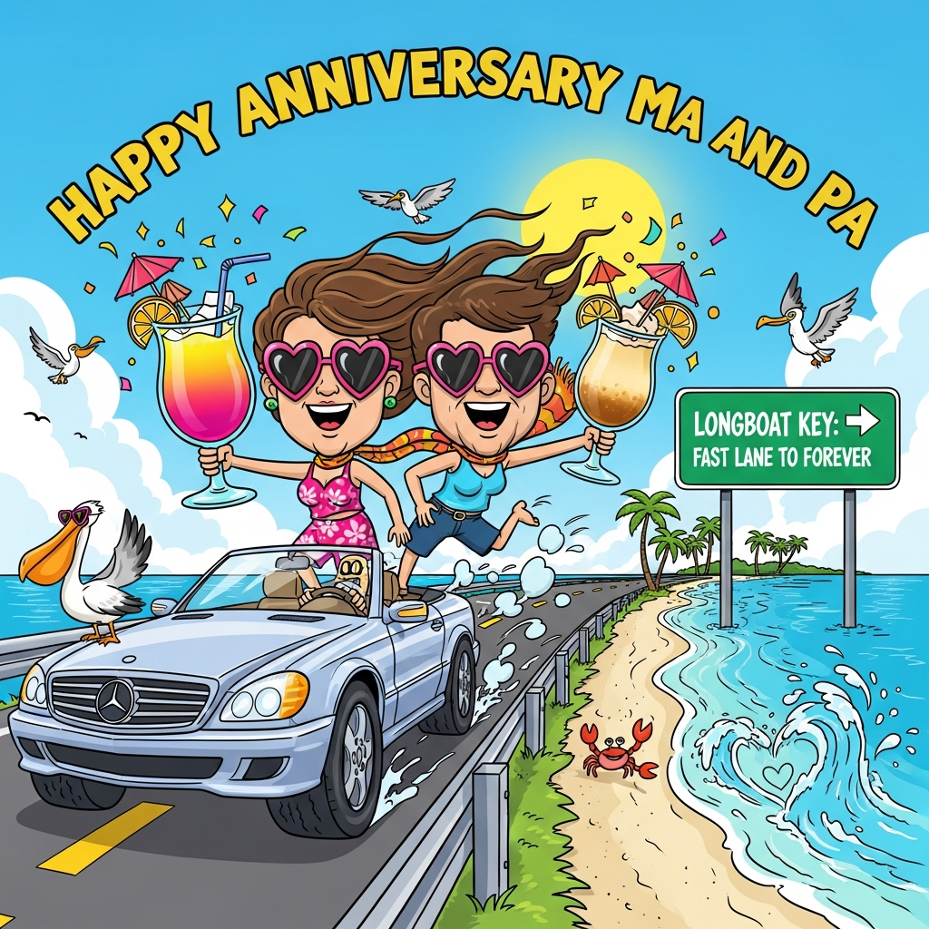 At the top of the Cartoon Style image, "Happy Anniversary Ma and Pa"

A bright, funny Cartoon Style beach-road scene bursting with playful energy: a shiny, exaggerated Mercedes convertible (big wheels, compact body, thick outlines) zips along the causeway toward Longboat Key, with turquoise water, white sand, and leaning palms glittering under a huge sunny sky. In the foreground, a joyful cartoon couple with oversized heads (Ma and Pa) wear heart-shaped sunglasses and wave giant tropical cocktails (a neon pink mai tai and a creamy piña colada with fruit slices and umbrellas) as their hair and scarf whip comically in the breeze. Add lively motion lines, sparkly highlights, and confetti-like citrus wedges popping from the drinks.

On the roadside, include one big, playful sign with a single line of text: "Longboat Key: Fast Lane to Forever" in chunky, fun lettering, arrow pointing toward the island. Surround with cheeky details: a pelican and a couple of seagulls in sunglasses eyeing the cocktail garnishes, a tiny dancing crab near the guardrail, and waves splashing into a subtle heart shape. Color palette is bright and saturated (aqua blues, flamingo pinks, mango oranges, lime greens, sunny yellows), with thick black outlines and simple cel shading. Dynamic, whimsical poses; exaggerated proportions; bold bubble-letter top text arched across the sky with a white stroke and soft drop shadow for legibility. No other text.
Generated with these themes: Longboat Key,Mercedes, Cocktails, Road Sign, and .
Made with ❤️ by AI.