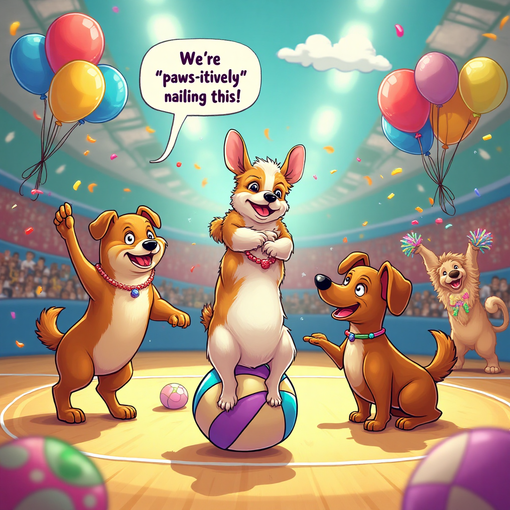 At the top of the Cartoon Style image, include the text: "Happy Summer!"

---

**Image Prompt:**

Picture a vibrant cartoon scene filled with whimsy and joy. In the foreground, a group of energetic dogs with exaggerated, playful expressions are attempting various gymnastic moves. Imagine a bulldog doing a wobbly handstand, a poodle flipping through the air, and a dachshund perfectly balancing on a beach ball. Their fur is adorned with colorful, sparkling stickerbeans that shimmer in the bright sunlight, adding a touch of magic to the scene.

In the background, a cheerful golden retriever is enthusiastically waving pom-poms, cheering for their athletic friends. The scene is set in a playful, cartoon-style gymnasium with thick, bold outlines and a palette of bright, saturated colors. Balloons and streamers hang from the ceiling, completing the festive atmosphere.

To enhance the humorous vibe, a speech bubble from the bulldog reads, "We're 'paws-itively' nailing this!"
Generated with these themes: Gymnastics, dogs, stickerbeans, and .
Made with ❤️ by AI.