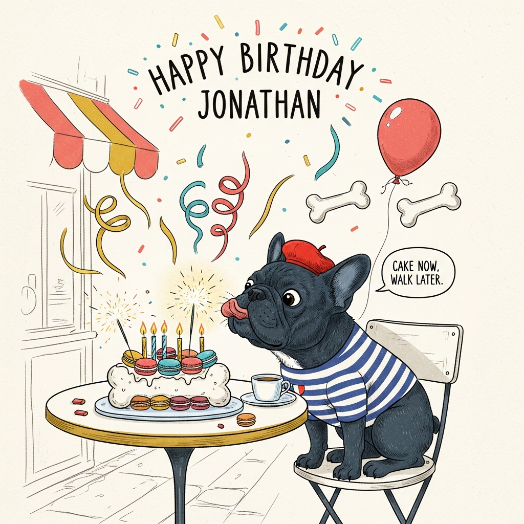 At the top of the Illustration Style image, "Happy Birthday Jonathan" in playful, hand-lettered script, gently arched with tiny confetti doodles

Hand-drawn illustration with fine linework and textured brush strokes: a black French bulldog (inky black coat with soft blue-grey highlights) wearing a striped Breton shirt and a tiny red beret, perched on a small café chair at a round bistro table. On the table sits a bone-shaped birthday cake stacked with colorful macarons, topped with sparklers and a few wobbly candles. The bulldog leans forward with puffed cheeks and wide, determined eyes, tongue peeking out, mid-blow—comically serious about extinguishing the candles. Streamers curl through the air; a bone-shaped balloon bobs behind. Subtle hints of a Parisian café awning in the background, lightly sketched, keep the scene airy.

Balanced composition with generous negative space; warm, expressive color palette (cream paper, coral, mustard, dusty teal, soft charcoal). Visible paper grain, cross-hatched shadows, slightly imperfect ink edges, soft golden candle glow illuminating the dog’s face.

Add a small speech bubble near the bulldog that reads: "Cake now, walk later."
Generated with these themes: Black French bulldog, and .
Made with ❤️ by AI.