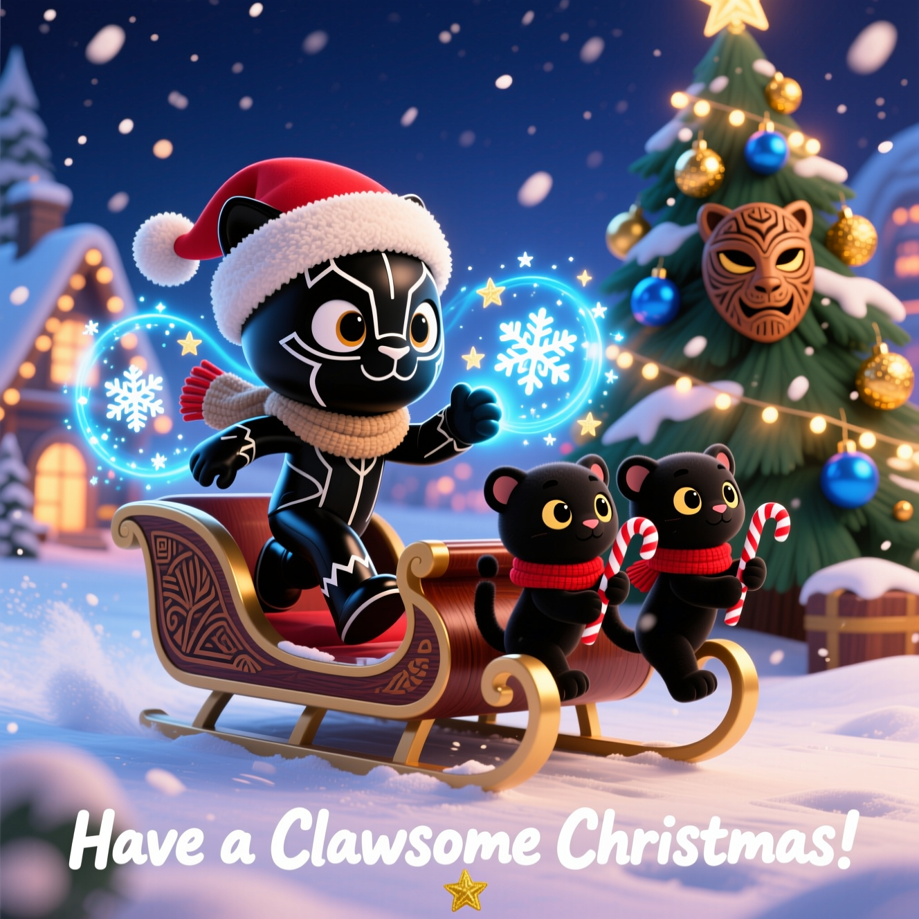 Cute Christmas cartoon scene featuring Marvel’s Black Panther in chibi style (oversized head, tiny body), with thick black outlines and bright, saturated colors. He’s dashing through gentle snowfall on a sleek, polished mahogany sleigh carved with Wakandan patterns, wearing a cozy Santa hat and fluffy scarf. A trail of sparkling vibranium-blue magic swirls from his glove, forming panther-shaped snowflakes and twinkling stars. Two adorable panther cubs in red scarves clutch candy canes in the sleigh. Background: a snowy Afro‑futurist village with warm fairy lights, and a towering Christmas tree decorated with gold and blue baubles and mahogany-carved mask ornaments, under a midnight indigo sky. Glossy suit highlights, rich mahogany wood grain, soft rim lighting, festive bokeh, playful energetic pose, cute mood. Add small hand-lettered text at the bottom center: “Have a Clawsome Christmas!” in bold white with a gold drop shadow.
Generated with these themes: Black panther marvel magic mahogany , and .
Made with ❤️ by AI.