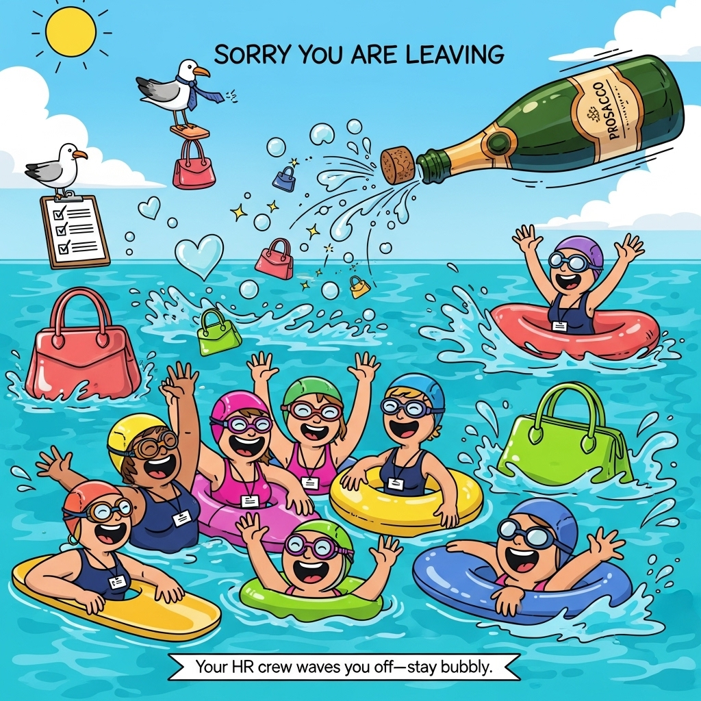 At the top of the Cartoon Style image, "Sorry You Are Leaving"

A bright, funny, cartoon scene on sparkling open water under a sunny sky. Playful cartoon characters with exaggerated proportions, thick black outlines, and bold, saturated colors. The HR team are open-water swimming together, laughing and waving with big, expressive faces and energetic poses. They wear colorful swim caps and goggles over office lanyards and ID badges (no readable text), mixing business and splashy fun.

Handbags are everywhere as buoyancy aids: glossy oversized handbags bob like float buoys, one used as a kickboard, another as a mini raft. The departing swimmer is comically cruising ahead on a handbag-shaped inflatable, giving a triumphant wave toward the horizon.

A giant bobbing prosecco bottle pops its cork, sending fizzy, sparkling bubbles arcing across the scene; some bubbles form cute heart and tiny-handbag shapes. A seagull in a tiny office tie hovers overhead, balancing a miniature handbag; another perches on a floating clipboard with simple checkmark icons (no words). Water splashes are dynamic and cartoon-y, with energetic motion lines. Colors: turquoise water, sunshine yellow, coral, hot pink, lime, and sky blue.

Place a small, single-line caption at the bottom on a floating ribbon: "Your HR crew waves you off—stay bubbly!"

Style: playful cartoon, thick outlines, bright saturated palette, whimsical and energetic. No other text.
Generated with these themes: Open water swimming, Prosecco, Handbags, HR Team, and .
Made with ❤️ by AI.