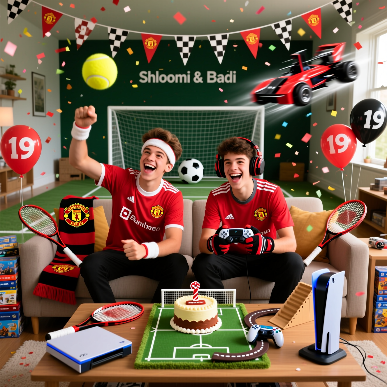 At the top of the Photorealistic picture taken from a camera image, Happy 19th Birthday Shloimi & Gadi

Ultra-high-definition 4K UHD, photorealistic, accurate lighting and lifelike textures, rich depth of field. A funny, high-energy living room scene turned into a chaotic sports-and-gaming arena featuring two 19-year-old twin brothers. They’re side-by-side on a couch, mid-celebration, clearly identical but with playful differences: Twin A in a red Manchester United home-style jersey with a tennis headband and wristbands, frozen mid-serve as a bright yellow tennis ball zips toward the background; Twin B in a matching jersey with racing gloves and a gaming headset, leaning forward gripping a PS5 DualSense controller, while an RC Formula-style car catches air off a small ramp made from stacked game cases and zooms over a PS5 console on the table. Behind them, a mini indoor soccer goal with a classic black-and-white ball wedged in the net; checkered flags draped over the couch; two tennis rackets on the coffee table; red-and-black United scarves and “19” balloons; confetti suspended midair. A small cake on the table is half football pitch, half tennis court, with an icing racetrack looping around a tiny controller topper. The twins are laughing competitively, one eyebrow-raised, the other mock-celebrating like he’s just scored at Old Trafford. Natural window light plus a soft fill for clean highlights; tack-sharp faces and key props, creamy bokeh background; vibrant yet realistic colors; fine skin texture, fabric weave, plastic sheen. Shot on a full-frame camera with a 35mm lens at f/2.2, 1/1000s to freeze motion, ISO 400; eye-level framing, slightly wide, symmetrical composition with playful chaos contained in the foreground.

Top text styling: bold sporty white lettering with a subtle red-and-black outline, slightly arced, soft drop shadow for readability.

At the bottom, add one cheeky line in a small, sporty italic font (white with a faint red shadow): United at 19 — match point, full throttle!
Generated with these themes: Twin boys 19 years , Tennis 🥅 ⚽️ racing ps5 gaming man united, and .
Made with ❤️ by AI.