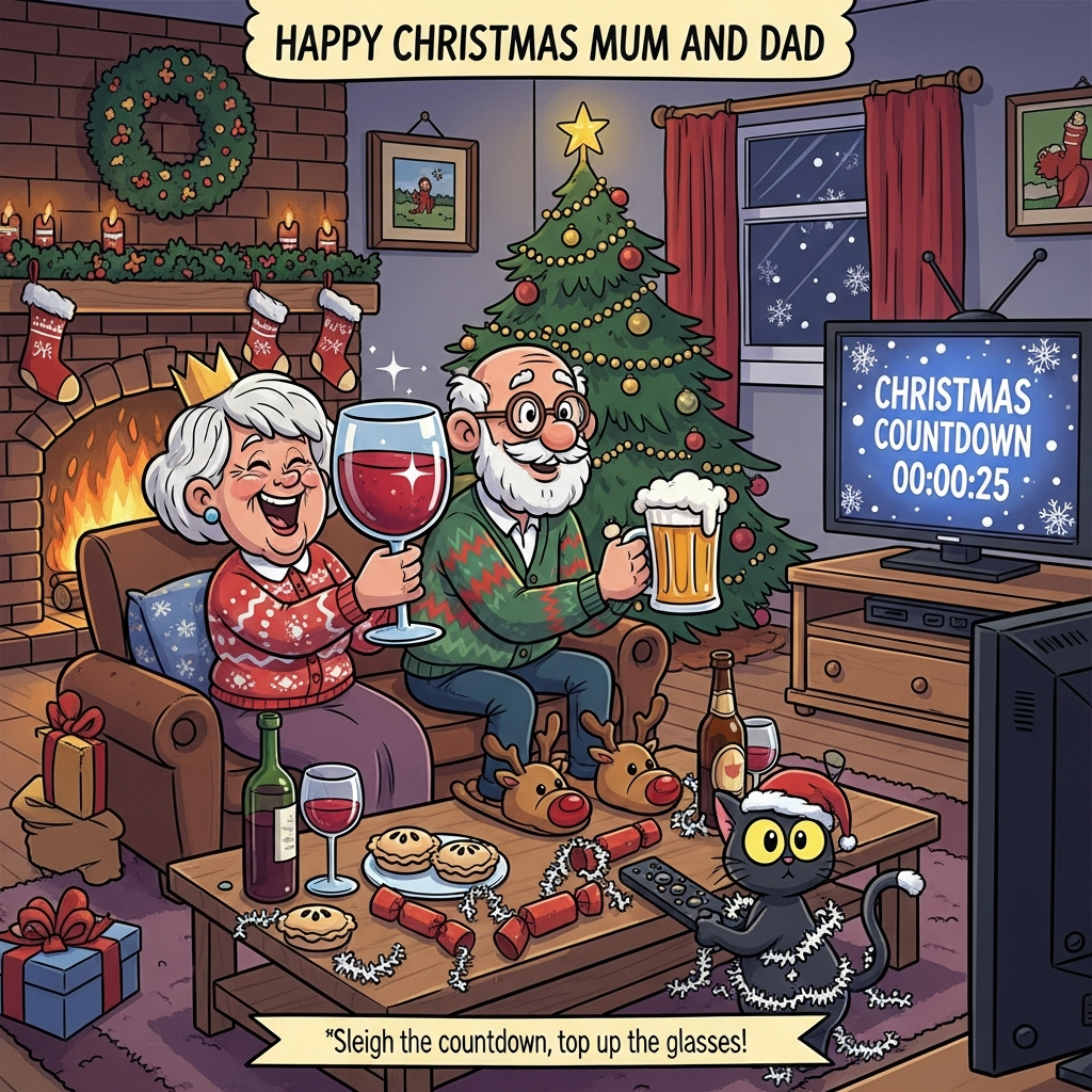 At the top of the Cartoon Style image, "Happy Christmas Mum and Dad"

Playful, funny Christmas cartoon scene with exaggerated proportions, thick outlines, bright saturated colors, and whimsical, energetic poses. A cozy living room glows with a roaring log fire in a brick fireplace, stockings and garlands, and a sparkling Christmas tree. Center-left: a sprightly 78-year-old woman with short blonde hair and rosy cheeks, in a festive jumper and paper crown, laughing as she raises an oversized glass of red wine, the liquid rich and ruby with sparkly highlights. Beside her on the sofa: her husband with white hair but bald on top, round glasses, and a cheerful beard, wearing a cozy cardigan and silly reindeer slippers, holding a frothy pint of beer, leaning forward with a grin. In the foreground, a coffee table piled with mince pies, a bottle of red wine, a beer bottle, crackers, and tinsel. A small black cat with huge curious eyes and a tiny Santa hat is tangled in tinsel, one paw on the TV remote, tail curled like a question mark. On the right, a TV glows cool blue with a big, bold on-screen graphic: "CHRISTMAS COUNTDOWN 00:00:25" and drifting snowflakes. Warm amber firelight and twinkly fairy lights contrast with the TV’s cool glow; everything outlined thickly with bold, candy-color shading. Add one small cheeky caption near the bottom on a festive ribbon: "Sleigh the countdown, top up the glasses!"
Generated with these themes: 78 year old woman, blonde hair drinking red wine by a log fire with husband with white hair, bald on top, with glasses and beard. With their small black cat , Red wine, beer and countdown on telly, and .
Made with ❤️ by AI.