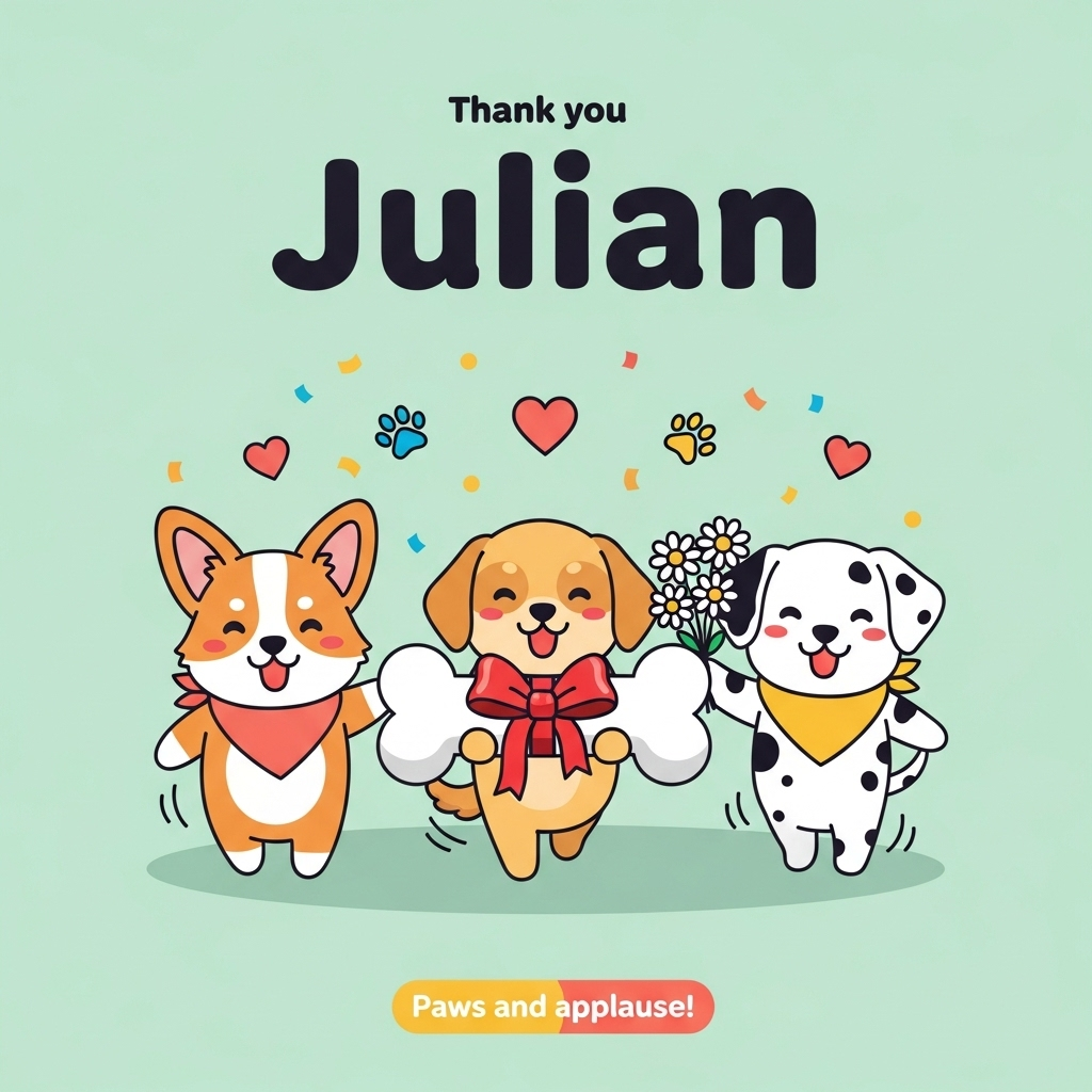 At the top of the Vector Style image, "Thank you Julian"
Clean flat-vector art with crisp lines, solid color blocks, minimal gradients, and modern graphic design precision. Large central illustration: three adorable dogs (a corgi, a golden retriever pup, and a dalmatian) in a joyful parade, facing the viewer with rounded kawaii features, bright eyes, tiny blush cheeks, and wagging tails shown with simple motion lines. They present an oversized bone gift wrapped with a bold red ribbon; the retriever gently holds a small bouquet of white daisies. Small hearts and paw-print confetti float upward around them. Each dog wears a simple, solid-color bandana (coral, sky blue, sunshine yellow). Background is a soft solid pastel (mint or warm cream) with generous negative space; a clean oval ground shadow anchors the trio. No textures, no noise, minimal shading. Headline set in a bold, friendly rounded sans-serif in dark charcoal for strong contrast. At the bottom, small caption text: "Paws and applause!" in a playful rounded type, lighter accent color. Portrait orientation, bright, cute, and cheerful.
Generated with these themes: Dogs, and .
Made with ❤️ by AI.