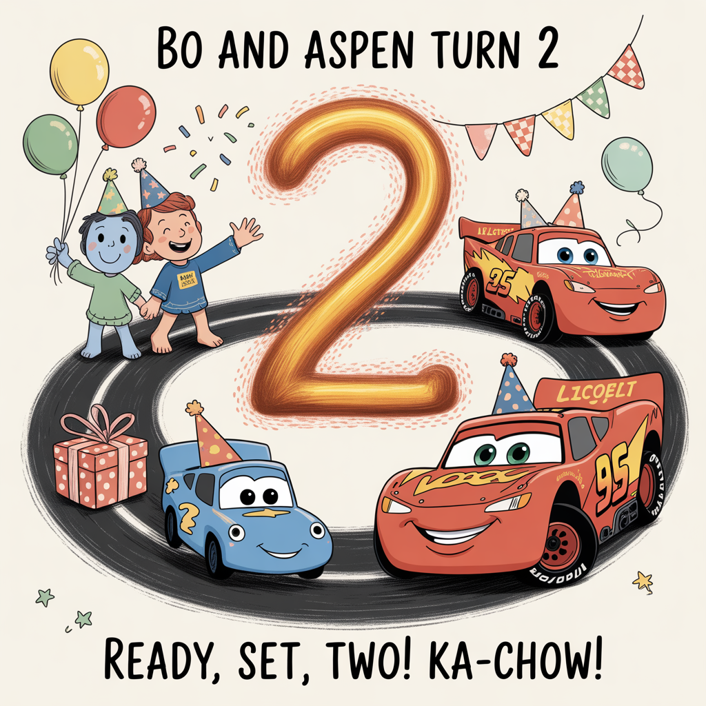 At the top of the Illustration Style image, "Bo and Aspen turn 2"

At the bottom of the image, "Ready, set, two! Ka-chow!"

In the middle, illustrate a cute, hand-drawn birthday scene: Bluey and Bingo on the left in starry party hats tossing confetti and holding balloons, and Lightning McQueen and Mater on the right wearing tiny party hats, smiling wide. A playful racetrack curls into a big number “2” in the center, with checkered bunting, streamers, and a sprinkle of star-shaped confetti. Mater gently tows a brightly wrapped present; Lightning McQueen zips along the “2” track with a cheerful lean; Bluey and Bingo clap and giggle. Use fine linework, textured brush strokes, and a warm, expressive palette (sunny yellows, soft corals, sky blues, mint greens). Soft golden light, gentle paper grain, rounded shapes, and a balanced composition that frames the headline. Keep it charming and childlike; no logos or extra text.
Generated with these themes: Bluey, Bingo, Lightening McQueen, Mater, and .
Made with ❤️ by AI.