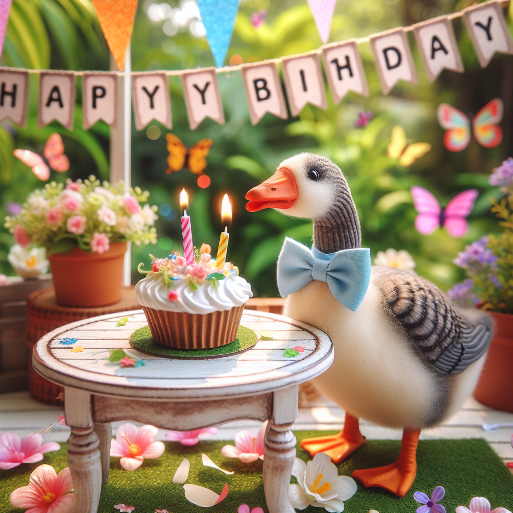 Create an adorable birthday scene in an outdoor garden. The main attraction is a charming goose donning a cute bow tie, ready to blow out a single candle on a cupcake. The cupcake is placed on a quaint, decorated mini table adorned with blossoms. Above, a banner reading 'Happy Birthday' swings slightly in the breeze. Vibrant streamers hang gracefully in the background, while butterflies of varied hues flutter around, adding movement and life to the celebration.
Generated with these themes: Goose.
Made with ❤️ by AI.