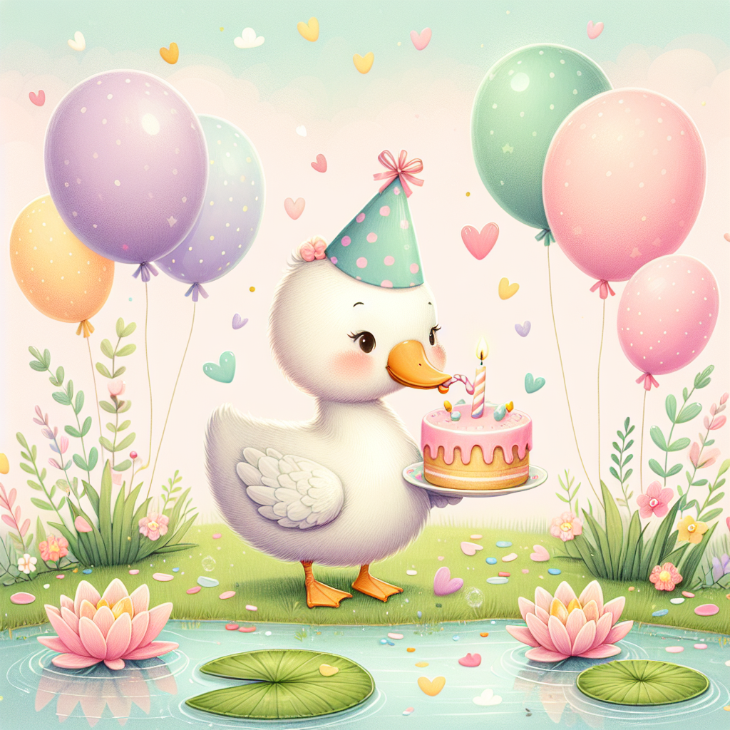 Generate a whimsical illustration portraying a joyous birthday scene centered around a charming goose, adorned with a festive party hat. Balloons in soft pastel colors float around, adding a touch of lightness to the air, and there is a generous sprinkle of confetti complimenting the celebratory ambiance. The goose, the star of the occasion, holds a little birthday cake carefully in its beak. It stands by a pond resonating tranquility, with the lily pads shaped like hearts playfully enhancing the adorable vibe of the scene.
Generated with these themes: Goose.
Made with ❤️ by AI.