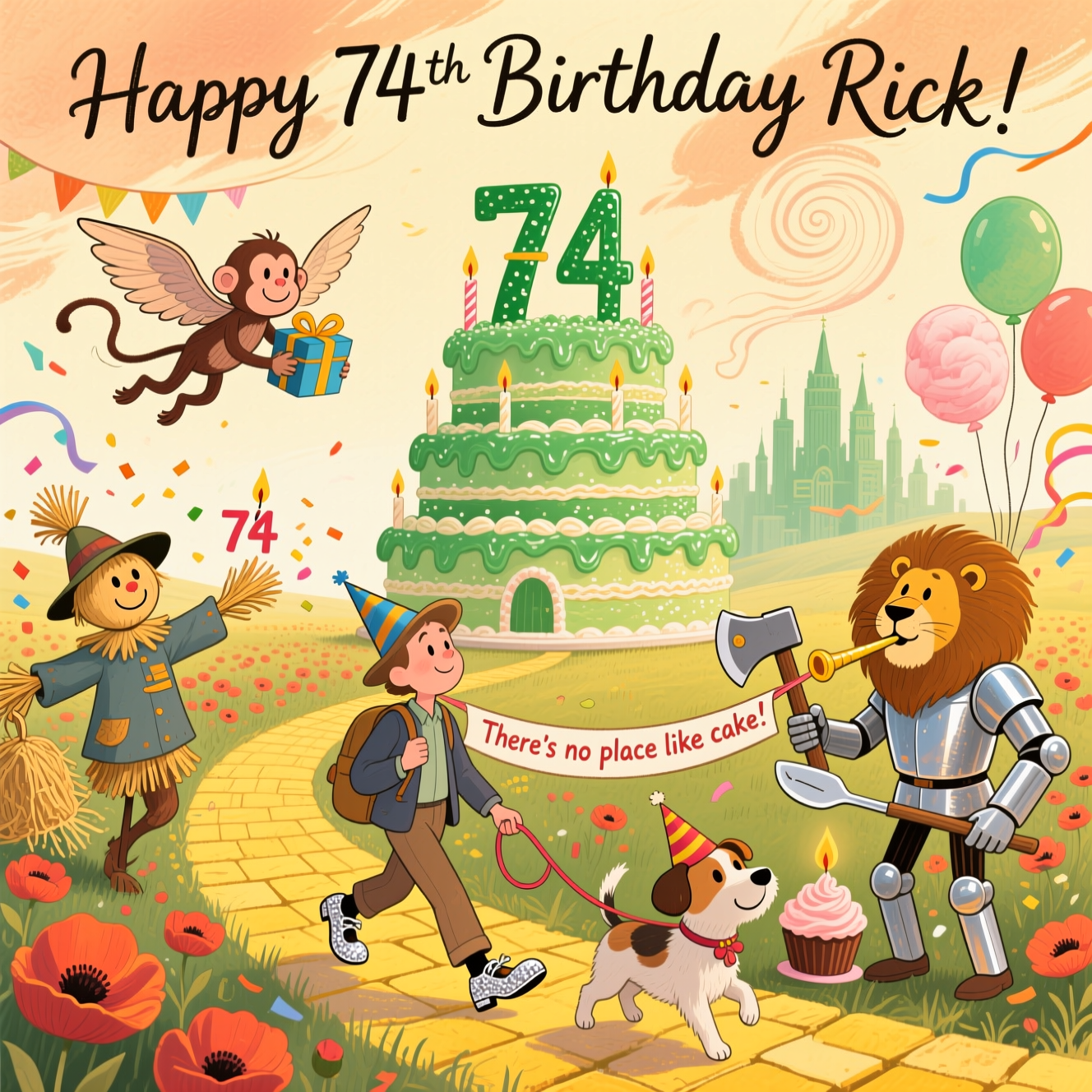 At the top of the Illustration Style image, Happy 74th Birthday Rick!

Hand-drawn, fine linework and textured brush strokes, warm expressive palette (honeyed yellows, emerald greens, apricot sky). A Wizard of Oz–inspired funny birthday scene: the Yellow Brick Road curls through poppy fields toward the Emerald City reimagined as a towering emerald layer cake, its frosting sparkling and candle-towers shaped like a big 7 and 4. Foreground: a traveler mid-heel-click in sparkling silver shoes; a tiny terrier in a party hat tugs a ribbon banner that reads: There’s no place like cake. To the left, a cheerful scarecrow tosses straw confetti and brandishes a “74” candle; to the right, a gleaming tin woodman wields an axe-shaped cake server while a bashful lion tries to blow out a cupcake with an absurdly long party blower. Overhead, a friendly winged monkey swoops in with a wrapped gift; a gentle, cotton-candy twister swirls balloons and streamers. Balanced composition, whimsical expressions, subtle cross-hatching, watercolor-like washes, golden-hour glow; keep the top text hand-lettered and wind-swept, and the banner text small and integrated into the scene.
Generated with these themes: Wizard of Oz, and .
Made with ❤️ by AI.