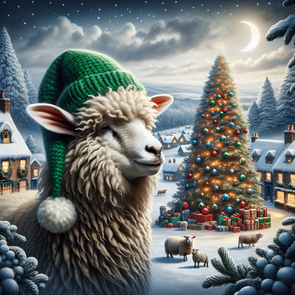 In this delightful Christmas scene, a Lincoln sheep stands center stage with a playful green elf hat, its long fleece blending in with the snowy landscape. The background showcases a picturesque winter village, ready for the holidays with wreaths and ribbons on the cottages and a towering Christmas tree in the village square, all under the soft light of a crescent moon.
Generated with these themes: Lincoln sheep .
Made with ❤️ by AI.
