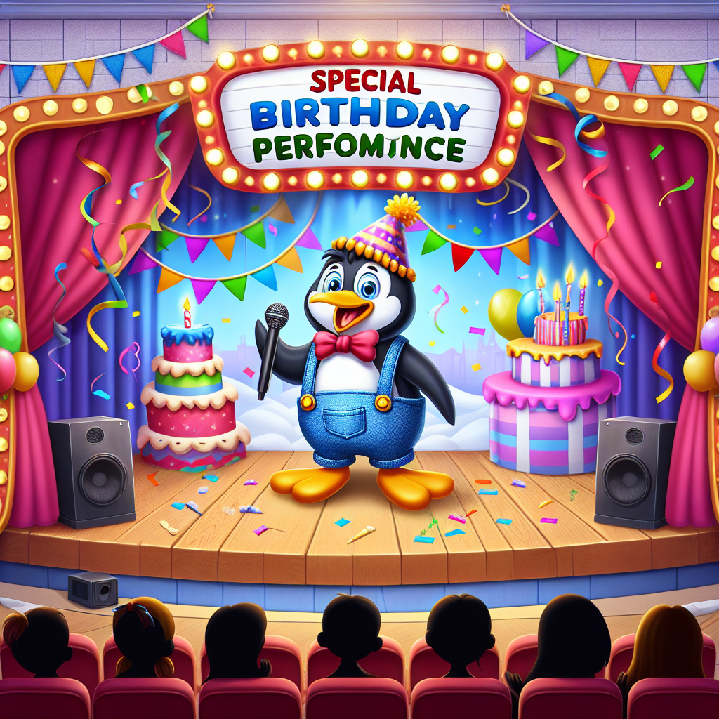 Penguin, Theatre, and Dungarees Birthday Card