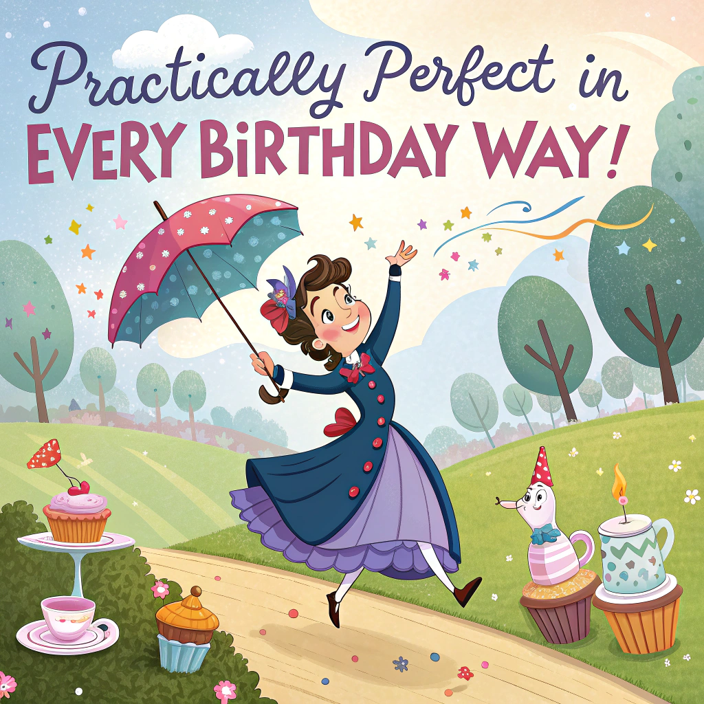 At the top of the image, "Practically Perfect in Every Birthday Way!"

- In the center of the image, illustrate a charming cartoon version of Mary Poppins floating gently down with her iconic umbrella, but instead of her usual outfit, she’s wearing a birthday-themed dress decorated with balloons, streamers, and confetti.

- She’s gliding over a cheerful park scene filled with adorable animated cupcakes, dancing teapots, and singing candles forming a little birthday parade below.

- One particularly cute cupcake holds a banner that says, "One More Candle, One More Wish!"

- The whole image should sparkle with magical, whimsical vibes—think pastels, clouds shaped like presents, and happy animal friends clapping below.
Generated with these themes: Mary Poppins, and .
Made with ❤️ by AI.
