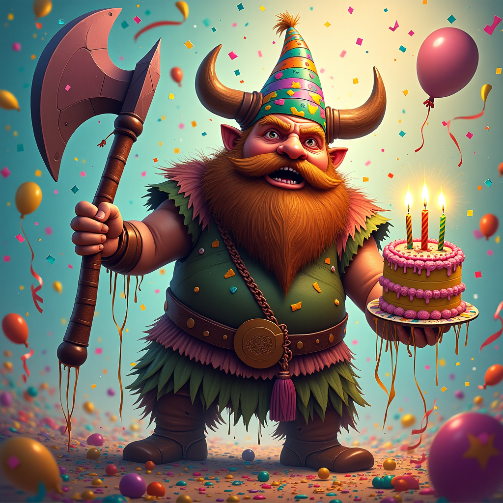 Sure! Here's the crafted image prompt for you:

---

**Prompt:**  
Create an abstract, whimsical artwork inspired by Gimli from *The Lord of the Rings* in a funny, birthday-themed twist. Imagine a bearded, stocky dwarf figure made entirely out of colorful balloons and party streamers, wielding a giant, glittering party horn instead of his traditional axe. His helmet is made of layered slices of birthday cake, complete with melting frosting and lit candles wobbling at odd angles. Surround him with chaotic, swirling patterns of confetti, rainbow bursts, and spiraling ribbons. The style should be playful, exaggerated, and surreal—distorted proportions, vibrant, clashing colors, and a joyous, dizzying energy. Keep the focus on the absurd humor of a mighty dwarf warrior trapped in a wild, over-the-top birthday bash.

--- 

Would you like a few more variations just in case? 🎈🎨
Generated with these themes: Gimli.
Made with ❤️ by AI.