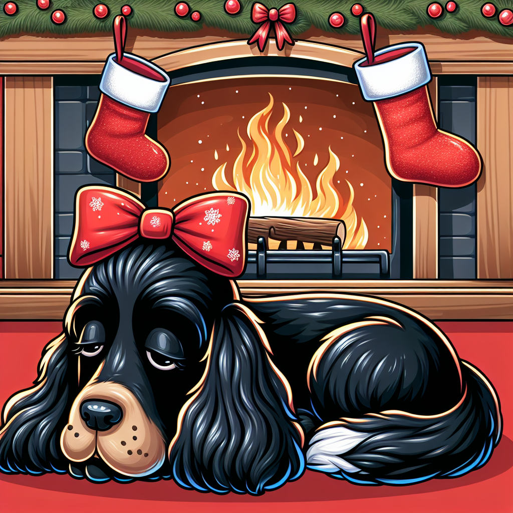 A festive cartoon illustration shows a slender, black-coated Cocker Spaniel, with gentle brown eyes, wearing a bright red bow, peacefully napping in front of a roaring fireplace, stockings hung carefully above the warm, crackling fire.
.
Made with ❤️ by AI.