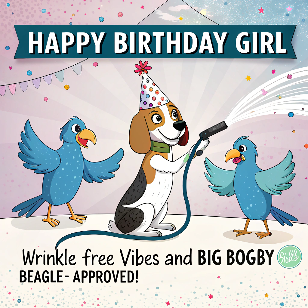 At the top of the Vector Style image, "Happy Birthday Girl"

At the bottom of the Vector Style image, "Wrinkle-free vibes and big booby birds—beagle-approved!"

Center scene: A cheerful beagle in a polka-dot party hat grips a clothes steamer hose, puffing clean, stylized steam to smooth a big, colorful birthday banner. The banner features two oversized, goofy Blue-footed Booby birds (the actual birds) with bright blue feet and wide, silly eyes, posing like divas. Confetti sprinkles and simple streamers float around. Clean flat-vector art: crisp lines, solid color blocks, minimal gradients, bold modern palette (teal, coral, sunshine yellow, navy accents), plenty of airy negative space, balanced composition.
Generated with these themes: Clothes steamer, Beagle, Big boobs, and .
Made with ❤️ by AI.